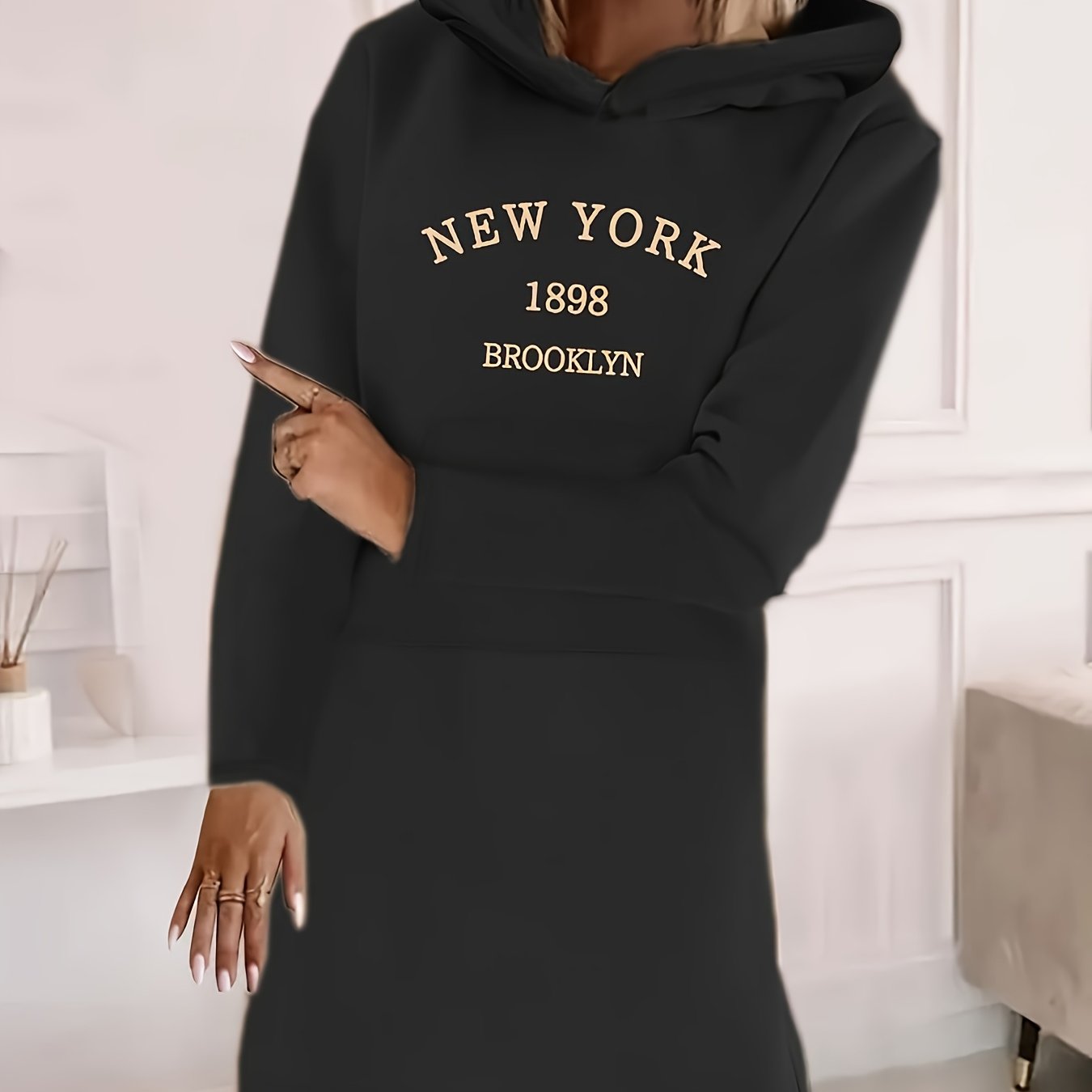 TEMU Autumn- Long Hoodie With A Hat, Thickened With, With Trendy Prints, Women's Clothing.