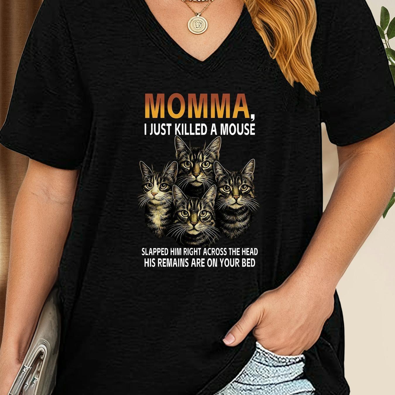 TEMU Plus Size - Plus Size - Humorous Cat-themed T-shirt For Women - Features ", I Just A Mouse" - Black With Orange Text - Soft Casual Wear For Cat