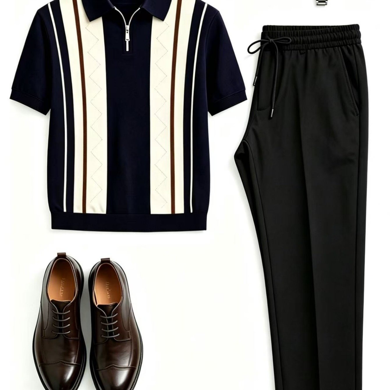-end Men's 2pcs Set, Zipper Shirt + Draped Drawstring Casual Pants Set