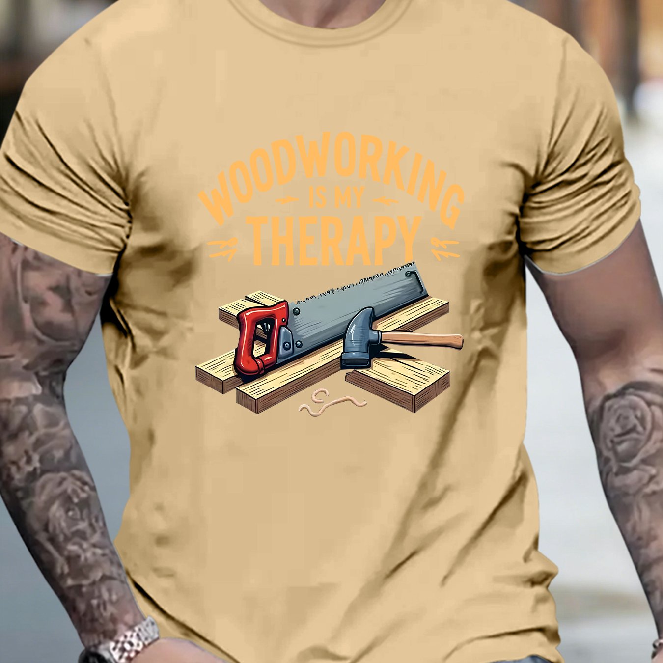 TEMU Men's Woodworking Tools T-shirt - "woodworking Is " Graphic Tee With Wood Grain Suitable For Sports, Gym & Casual Wear, Machine Washable Round