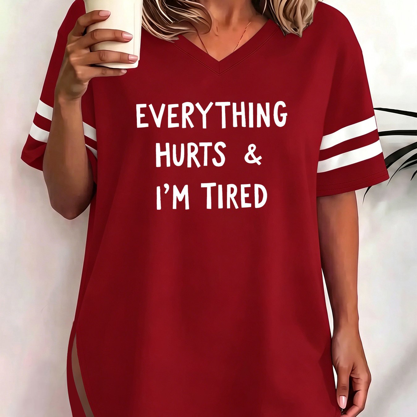 TEMU Plus Size - Everything I'm Tired, Conveying Full Body Aches And Exhaustion, Plus Size 1xl To 8xl Women's V-neck Short Sleeve T-shirt, Side Slit