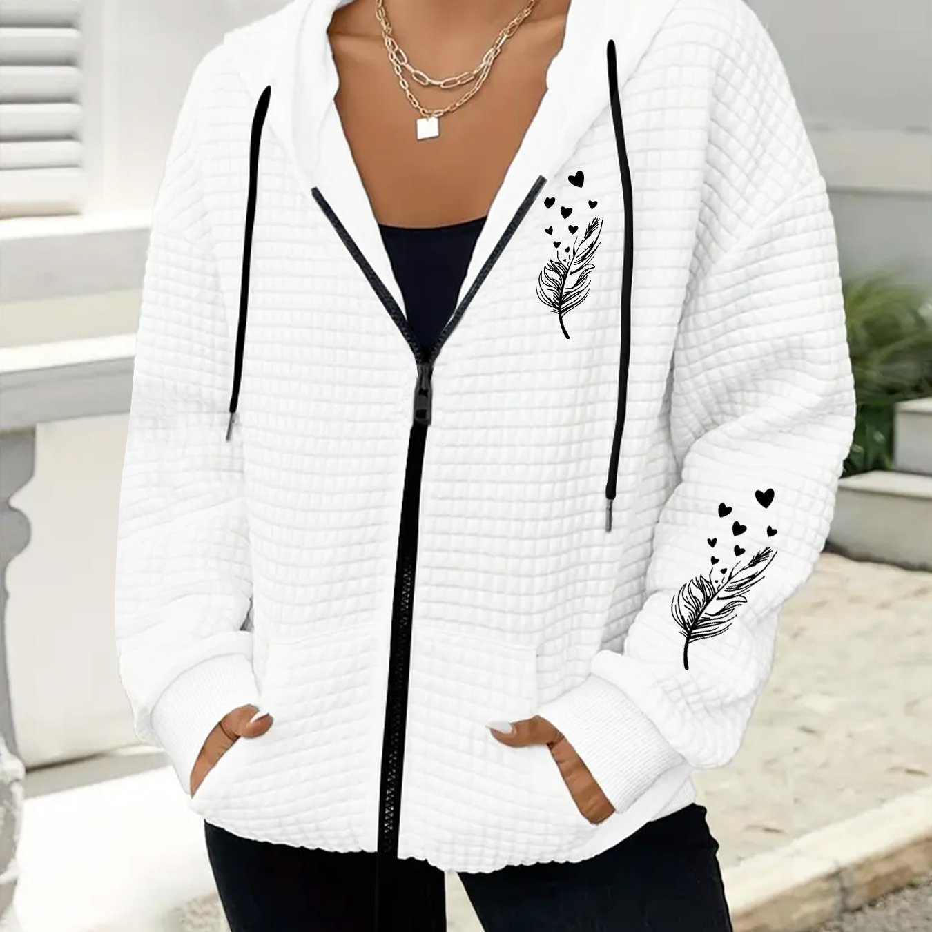 TEMU Plus Size, New Hot-selling Plus Size Women's Hooded Jacket, Plus Size Women's Fashion Waffle Hooded Sweatshirt Coat, Hoodie With Pockets, Casual
