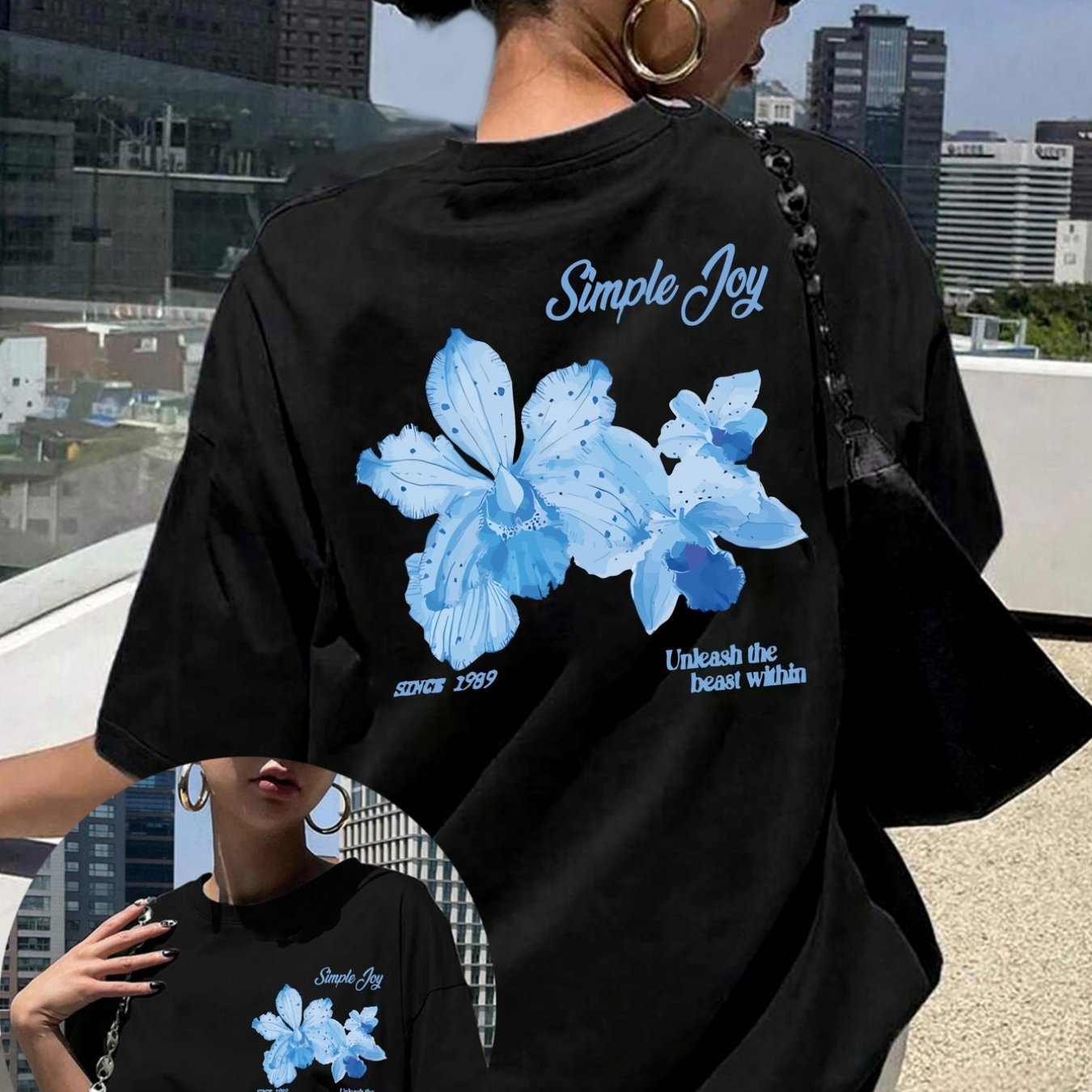 TEMU A Short-sleeved T-shirt With Front And Back Floral Prints, Featuring A Easy And Design With Blue Flower Patterns, Perfect For Casual Wear And