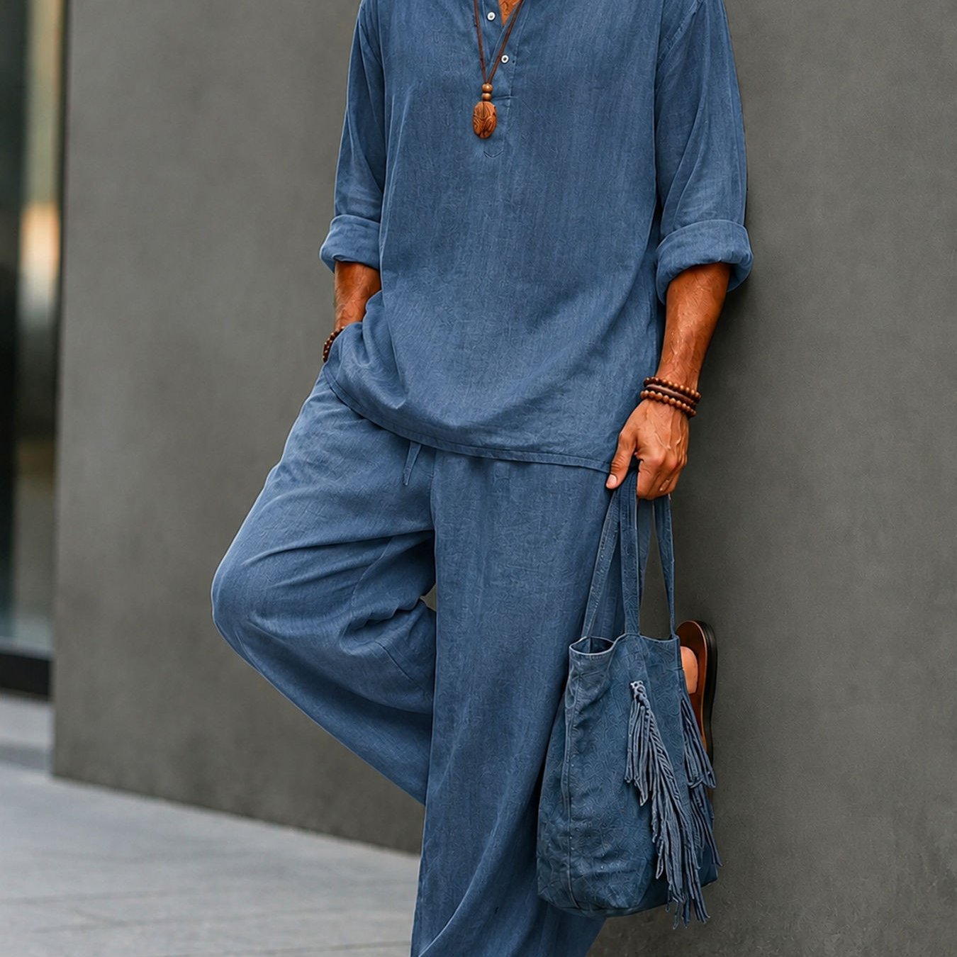 Image of Standard Size Men's Loose Two-piece Set - 's Clothing. Vintage Casual Men's Loose Collar Long-sleeve Printed Pattern Top And Wide-leg Long Pants Two-piece Set For Daily Casual