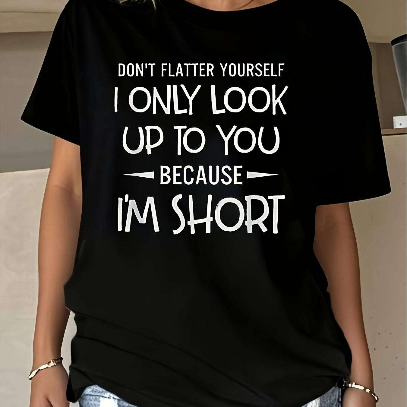 TEMU Women's Funny Don't Yourself I'm Short Slogan - & Breathable Short Sleeve Crew Neck With White Text Print - Friendly Casual Humor Gift Black For