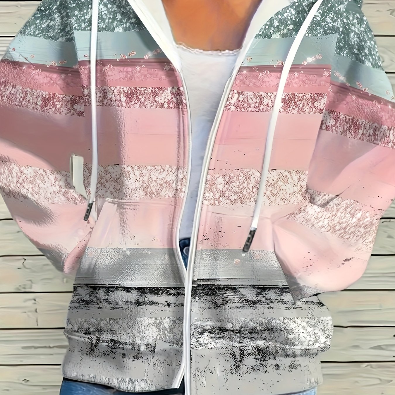 TEMU Plus Size, Plus Size Women's Hooded Zip-up Sweatshirt, Blue Gradient With Golden Embroidery - Fashion Casual Long Sleeve Drawstring Jacket With