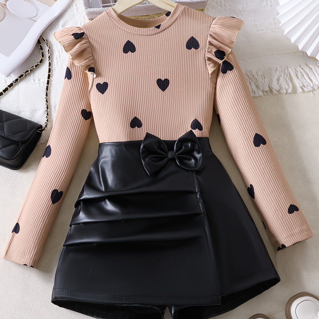 Image of Spring And Autumn Girls' Love Heart Pit Strip Long-sleeved Fungus Edge + Bowknot Skirt Two-piece Set, Halloween