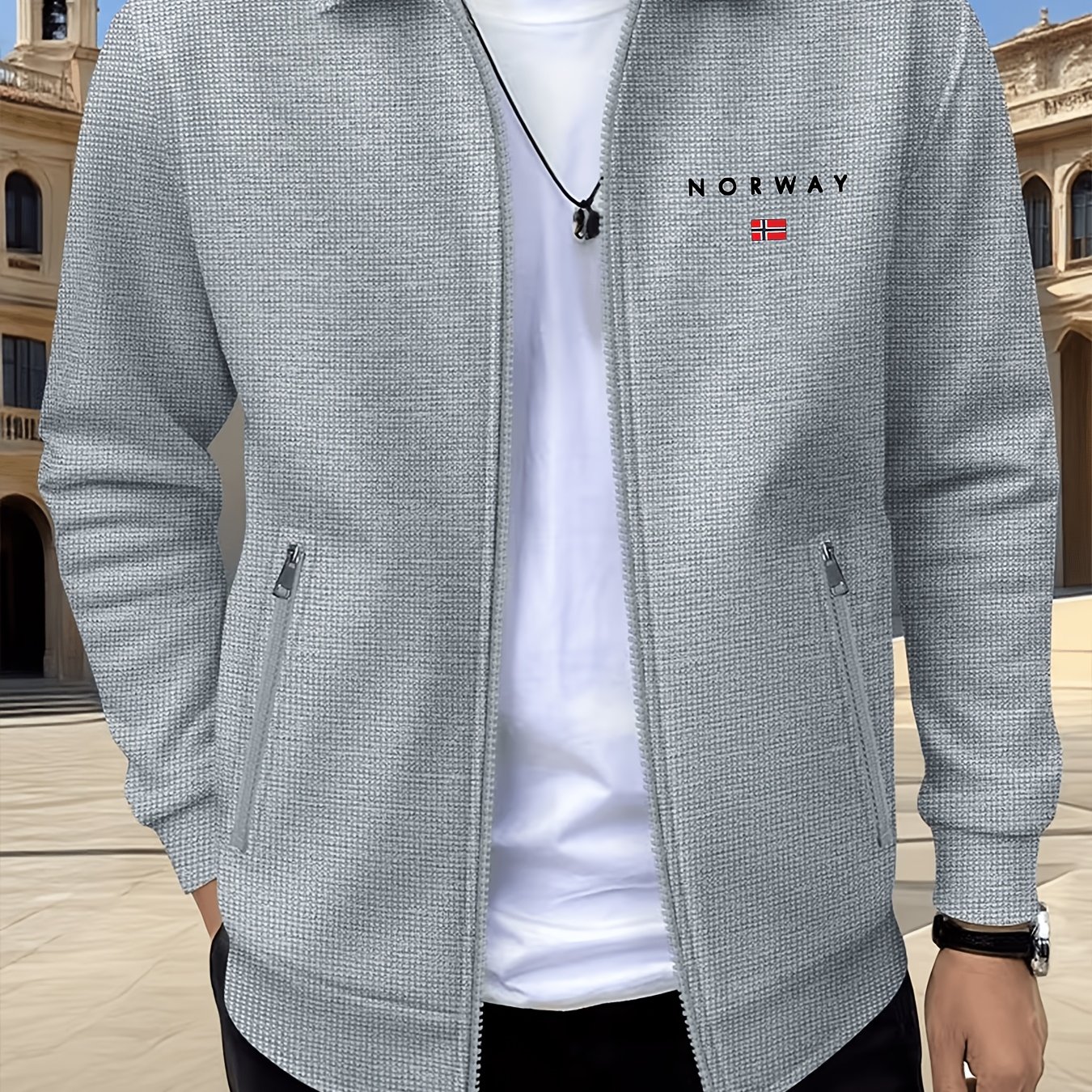 TEMU Obm Spring/autumn ' Color Lapel Waffle Knit Outdoor Sports Comfortable Breathable Men's Long Sleeve Zipper Jacket, Smart Casual Layering