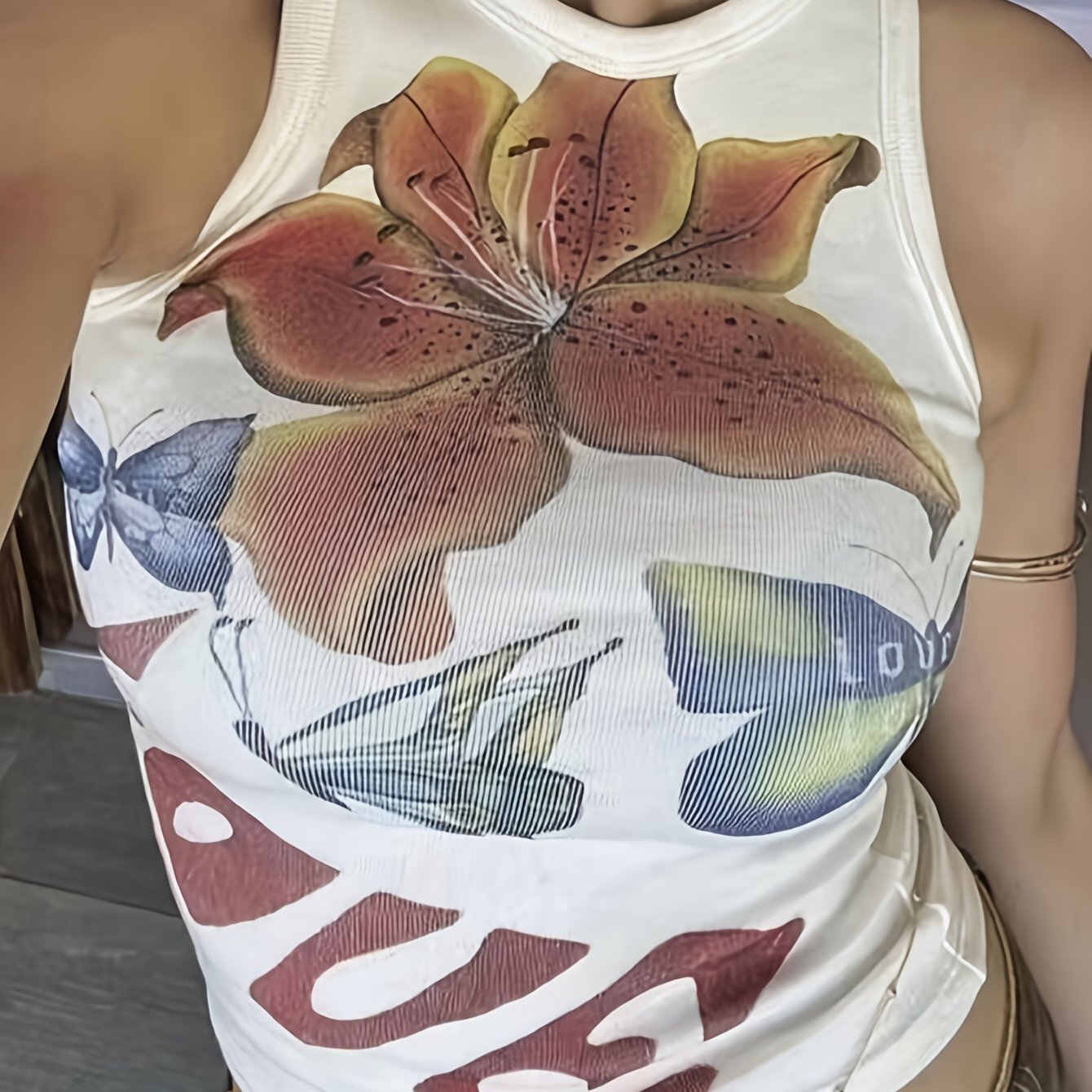 E-shop Damen Blumen- und Schmetterlingsmuster Einfaches ärmelloses Sommer Kurzes Oberteil Muster T-Shirt Damen Top