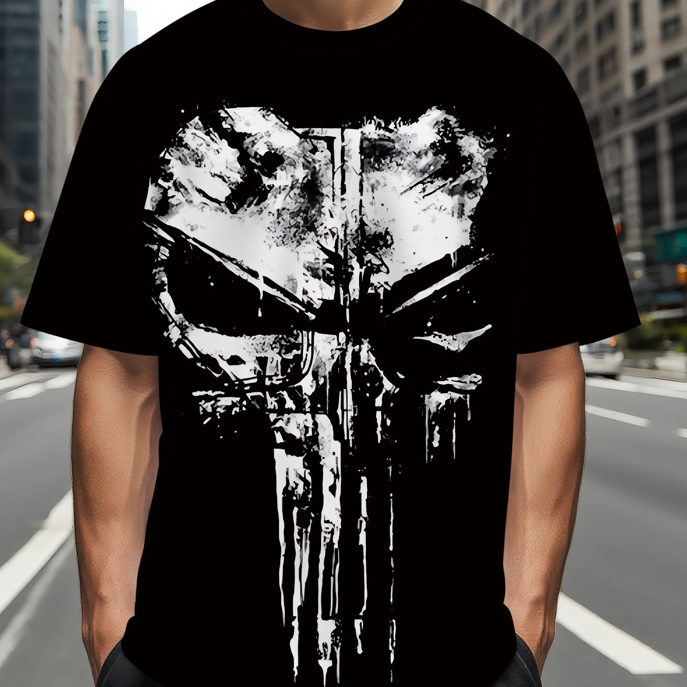 TEMU [printed Design - Not Textured] Men's Summer T-shirt, Men's Casual Sport T-shirt, Ink Skull Print Short Sleeve, Casual Comfortable Versatile
