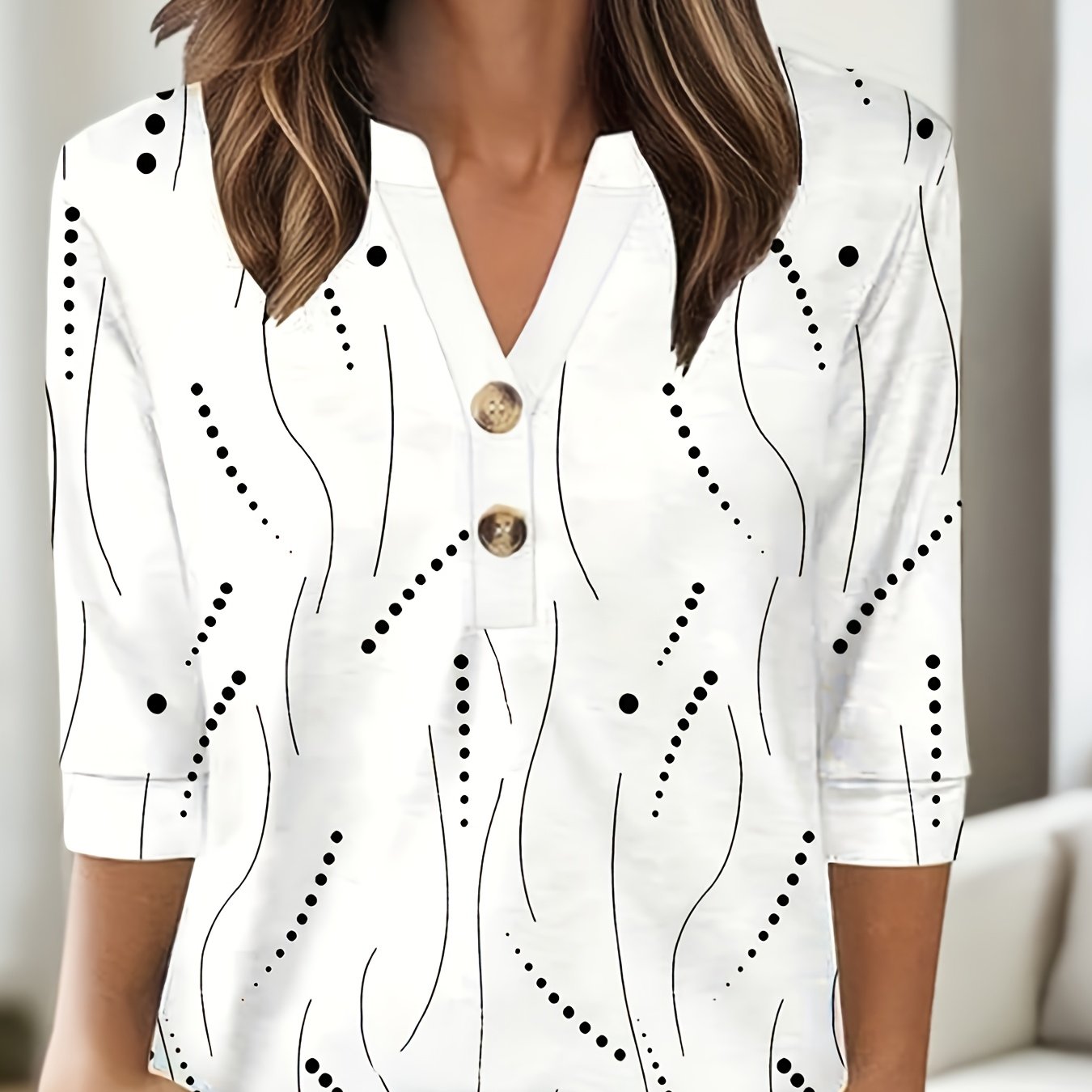 Fashion Notch Neck Mid-sleeve Top, Spring/autumn Casual Button V-neck 3/4 Sleeve T-shirt For Daily Wear And Commuting