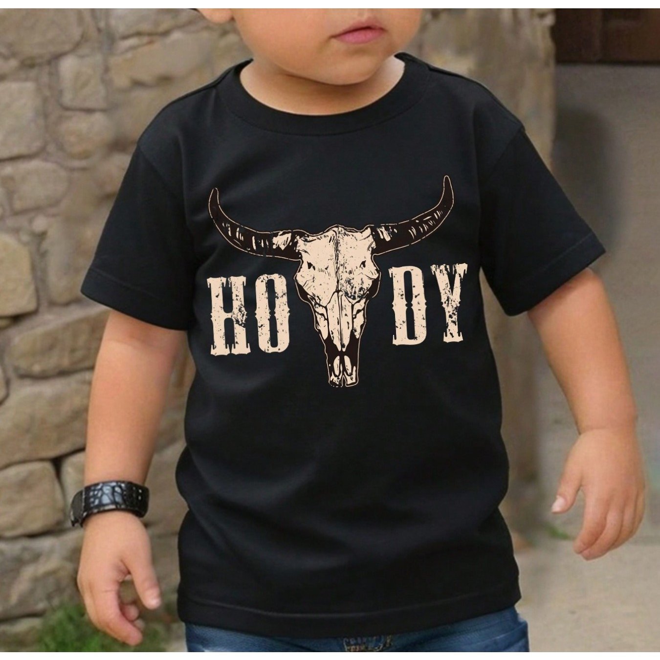 TEMU Crow Boy & Cow Head Printed Round Neck T-shirt, Simple & Casual Western Style Outfit For Young Boys, Suitable For Summer