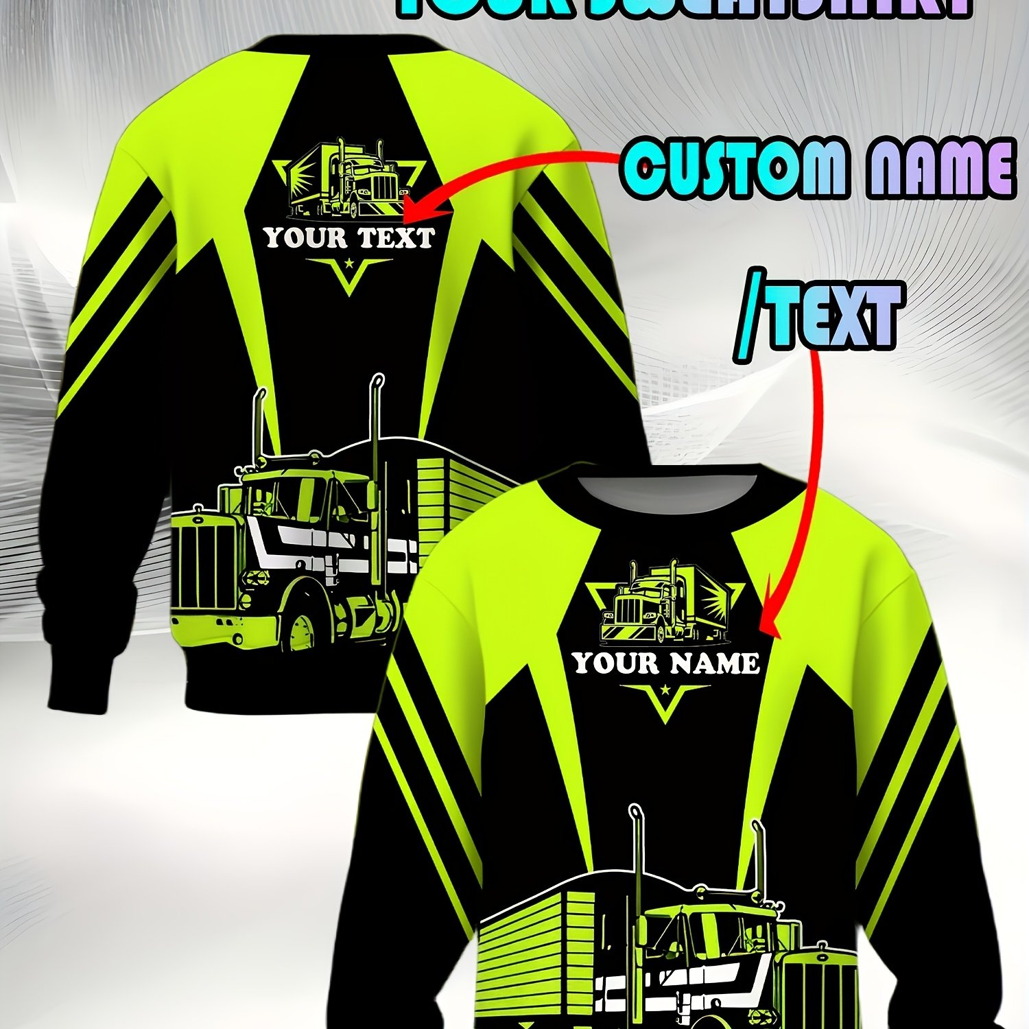 TEMU Men's Heavy-duty And Semi-trailer Graphic Sweatshirt - Neon Green/black, Personalized Name/text, Loose Fit, Trucker Apparel, Soft Long-sleeve