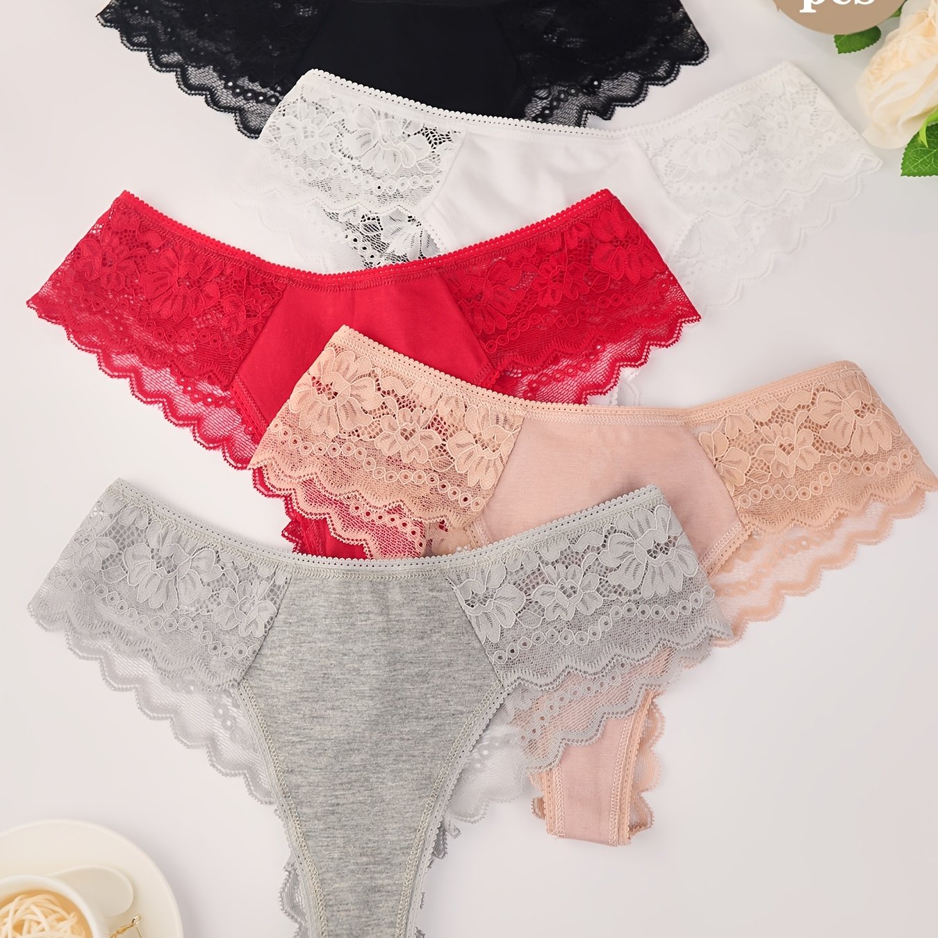 5pcs Women's Floral Lace Thong Panties, Soft Gusset, Scalloped Lace Trim, Multicolor Combo, , High Stretch Comfortable