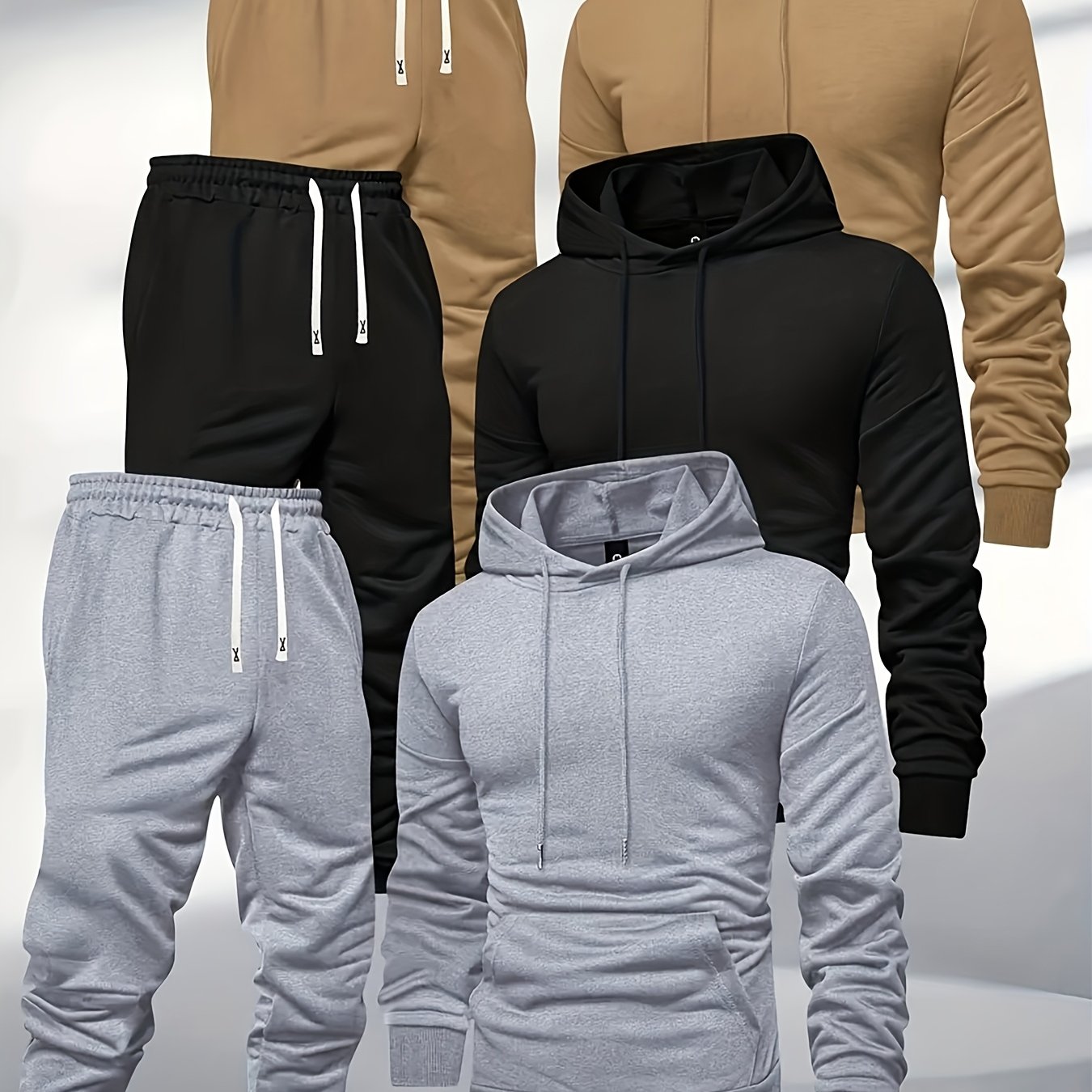 TEMU Random 2pcs Solid Color Men's Hooded Sweatshirt + Sweatpants Spring And Autumn Casual Sports Suits Light Plate Pullover Regular Long-sleeved