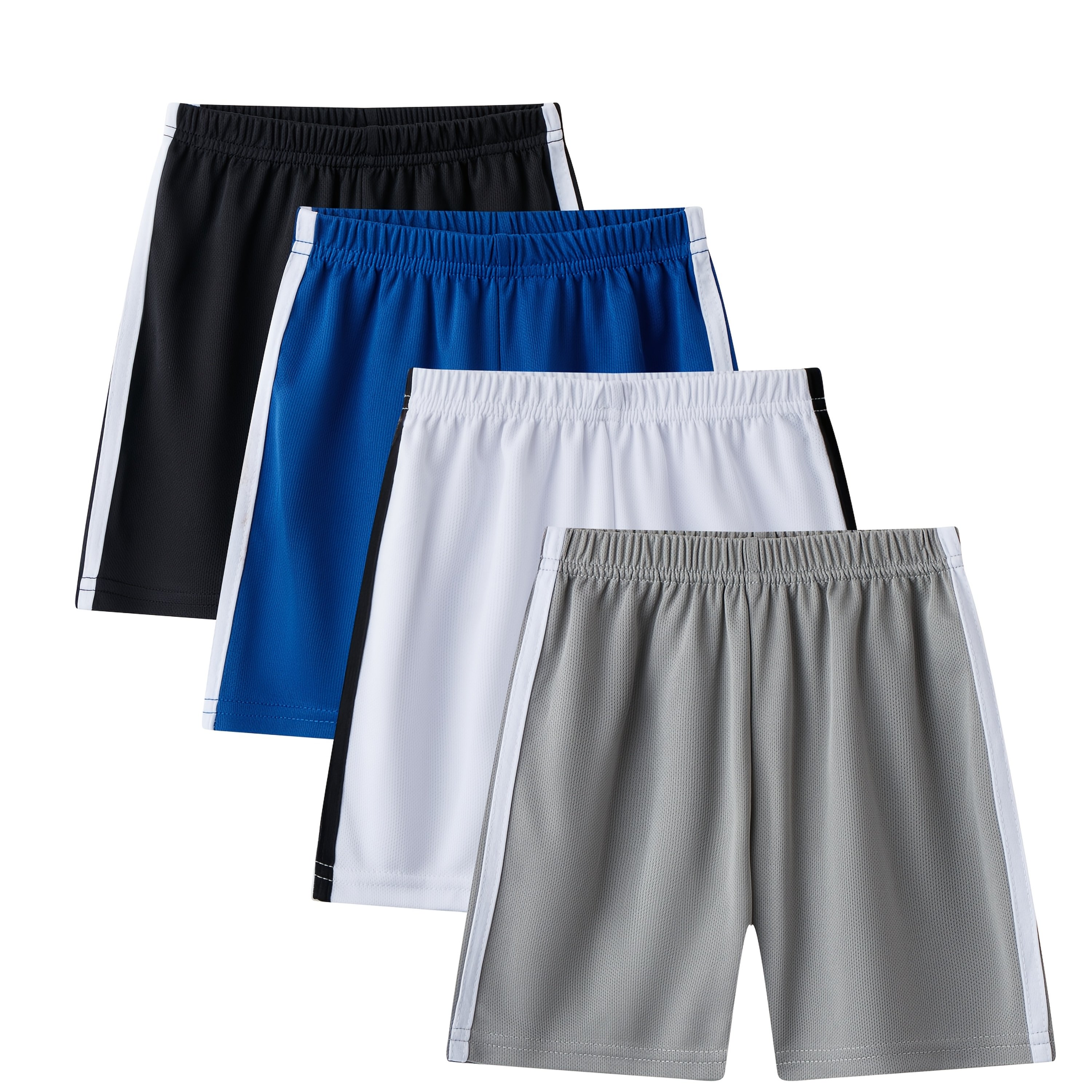 Image of Set Of 4 Boys' Summer Shorts, Suitable For Older Boys, Mesh Sports Casual Shorts With Side Stripes, Versatile Leisure Pants, Brother Matching Set, Lightweight And Breathable, For Outdoor