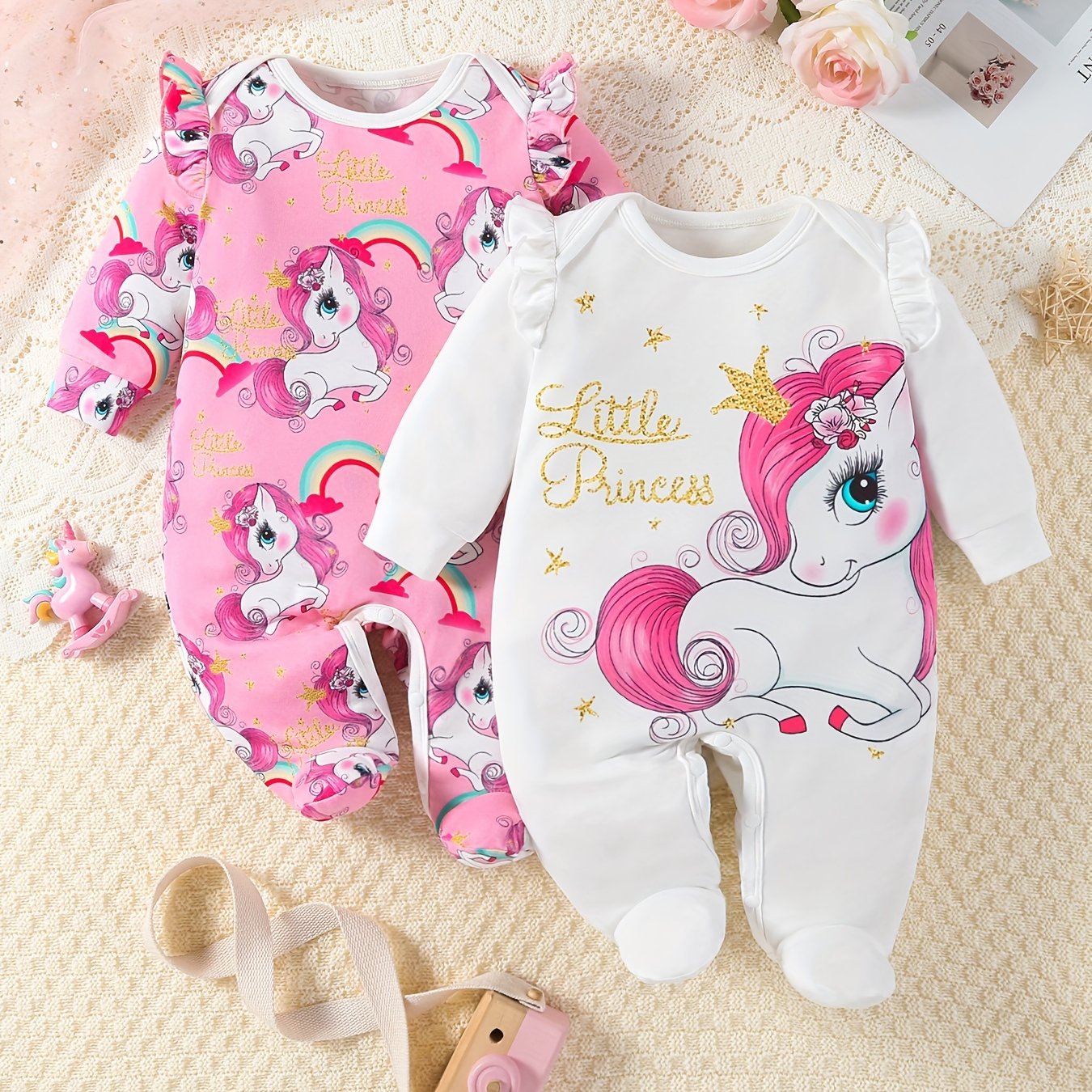 Unicorn Print Children's Footed Onesie Romper 2pcs Set, Perfect For Outdoor