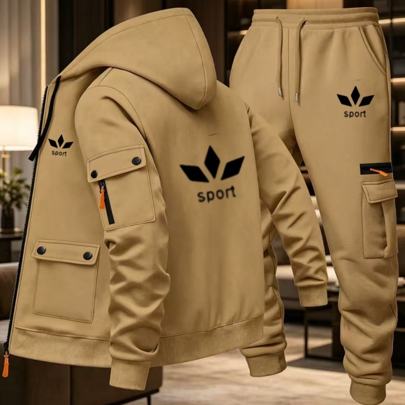 TEMU Sportkledingset voor heren voor dagelijks woon-werkverkeer, sweatshirt met capuchon en cargobroek met meerdere zakken, 2-delige set met