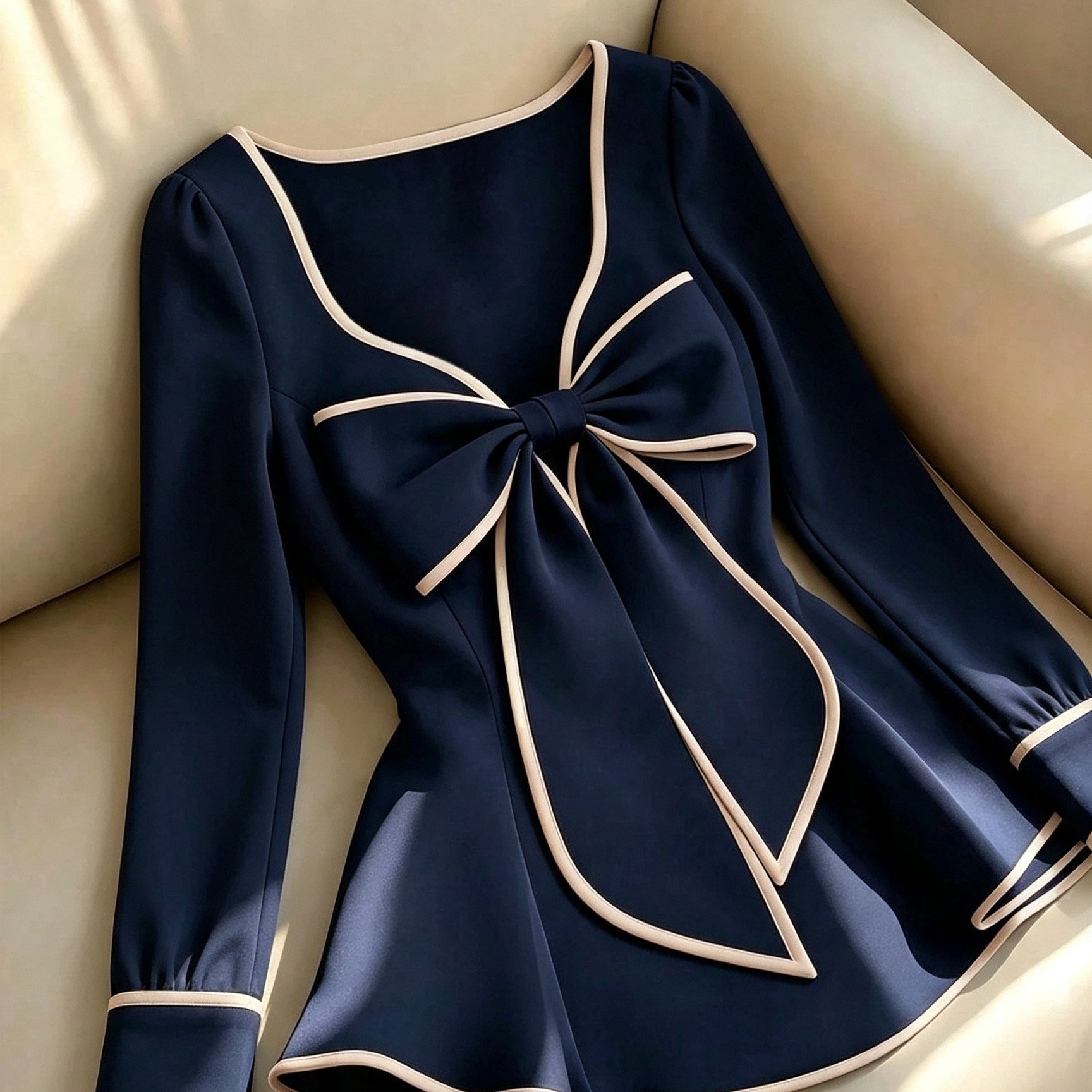 TEMU Haut pour femme à manches longues avec ourlet à volants, bordure contrastée et grand nœud décoratif