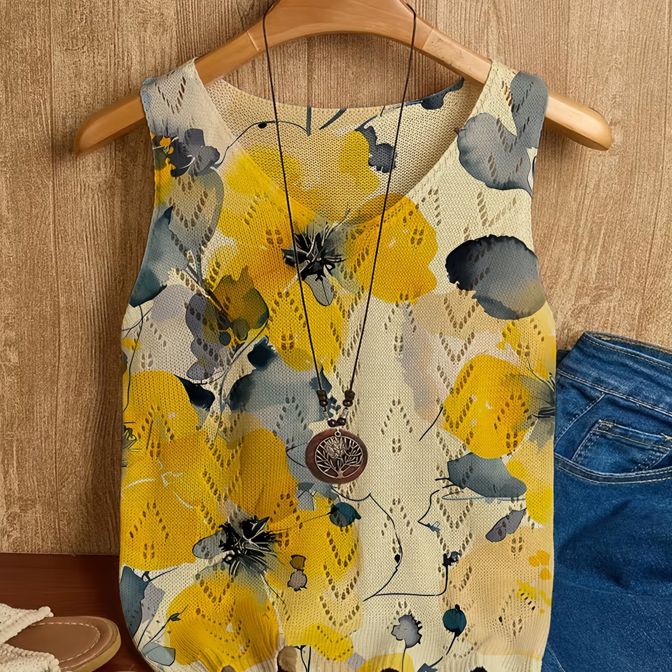 TEMU [2d Digital Printing] Women's Spring/summer Sleeveless Tank Top, Early Spring Hollow-out Versatile Regular V-neck Inner Tank Top, Summer Soft,