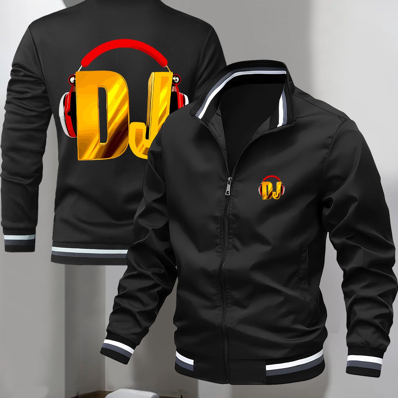 TEMU Men's Lightweight Stand-collar Casual Jacket Featuring Dj Pattern Elements, Made From Comfortable Fabric With A Regular Fit, Suitable For
