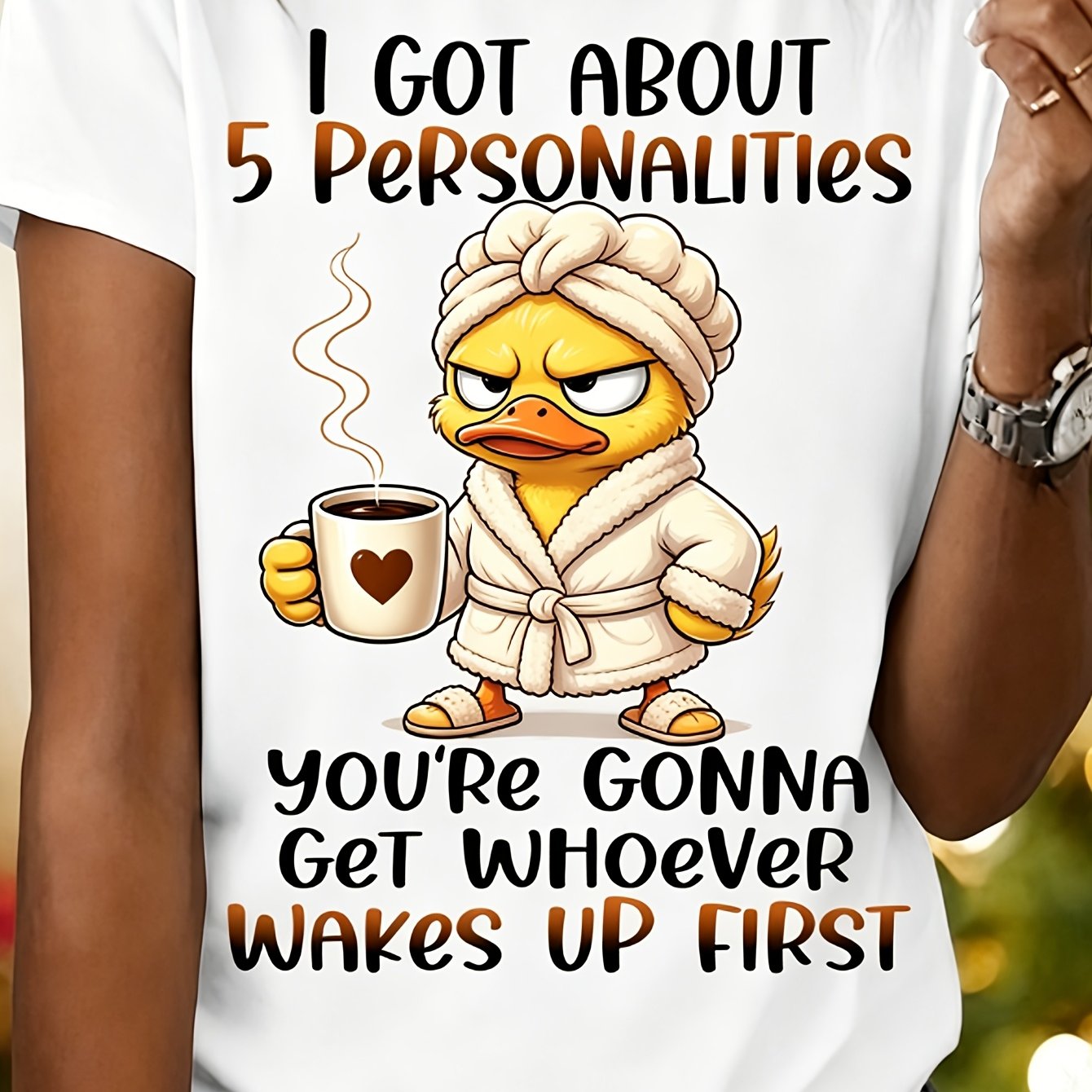 TEMU Funny Duck T-shirt With 5 Slogans & Coffee - 100% 180g Casual Round Neck Short Sleeve Tee Suitable For , Machine Washable For, Casual Attire &