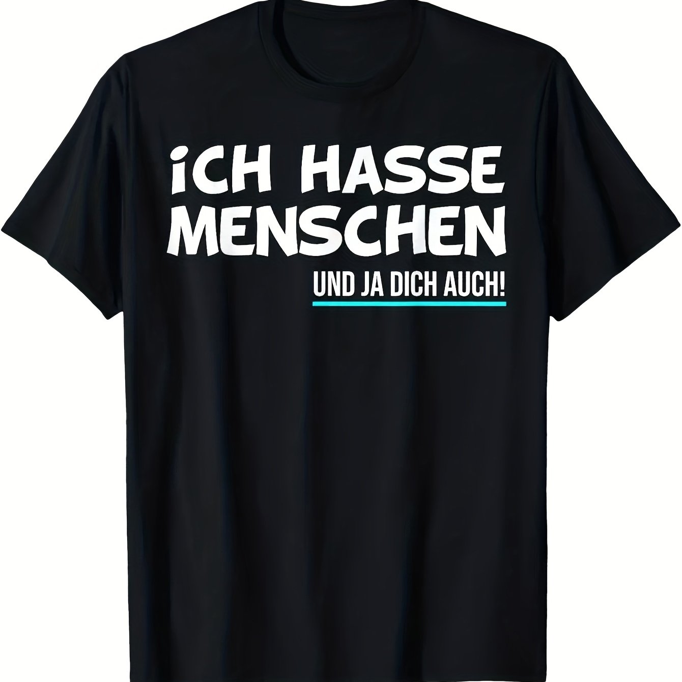 Image of German Text T-shirt I Hate People - Black With White German Translation Print, Casual Short Sleeve Round Neck Tee For Men, Fit Statement Shirt, Plus Size