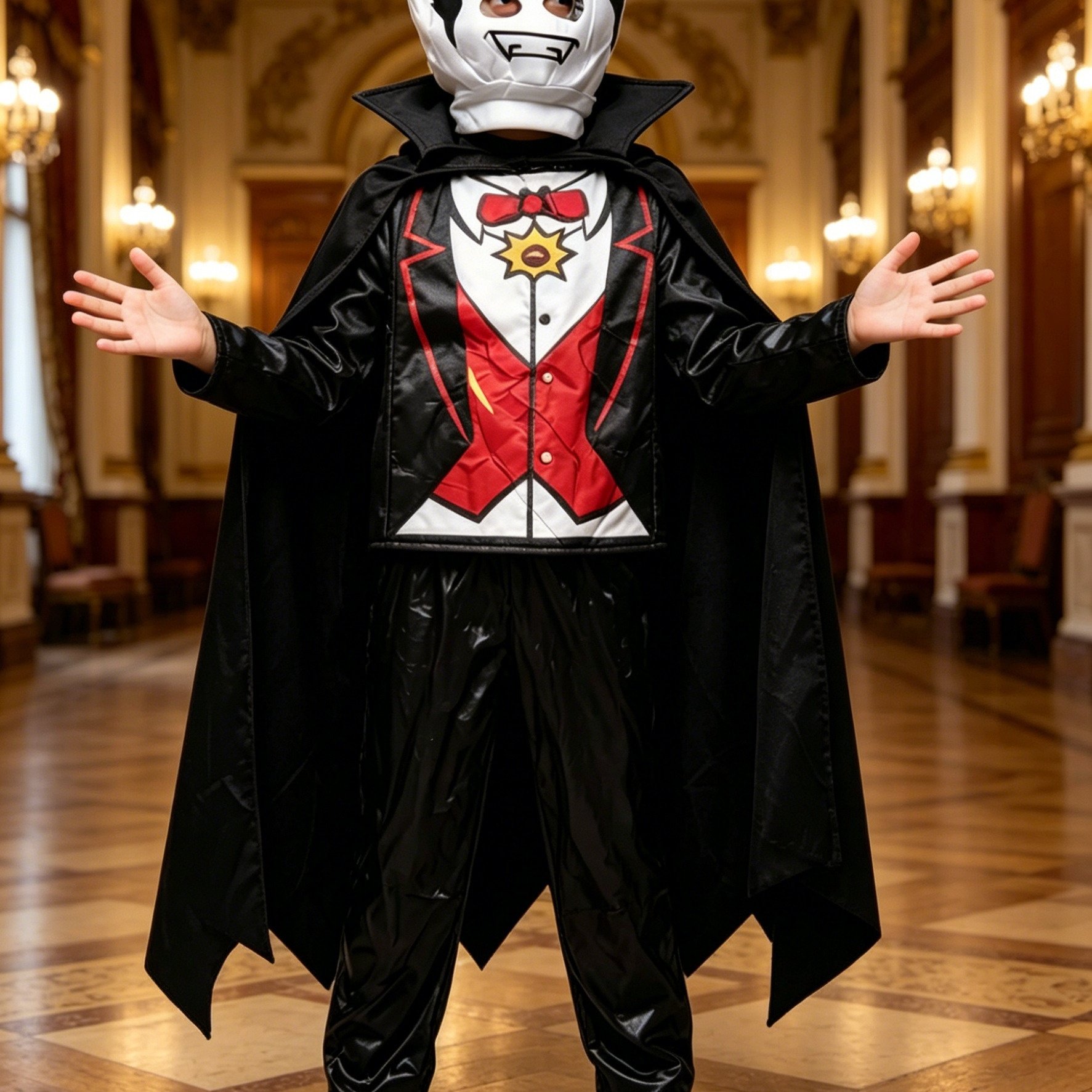 Image of Boys' 5pcs Set: 1pc Black Top And 1 Pair Black Pants, 1pc Black Cape, 1pc Headpiece, 1 Pair Gloves. Set For Halloween, Carnival And Festivals