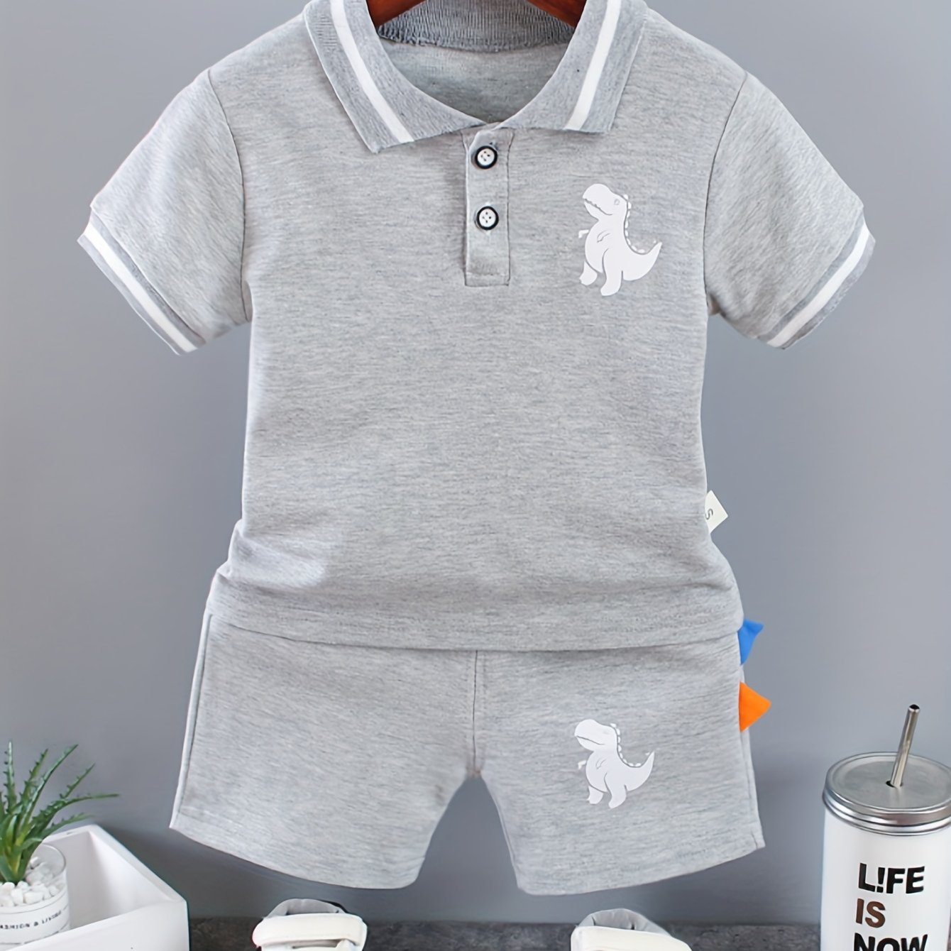 Image of Infant Baby Boy Sets Summer Clothing Casual Sport Suit Short-sleeved Shirt And Shorts 2pcs Set Kids Grey Dinosaur Print Tracksuit Boy's Suit, For Outdoor