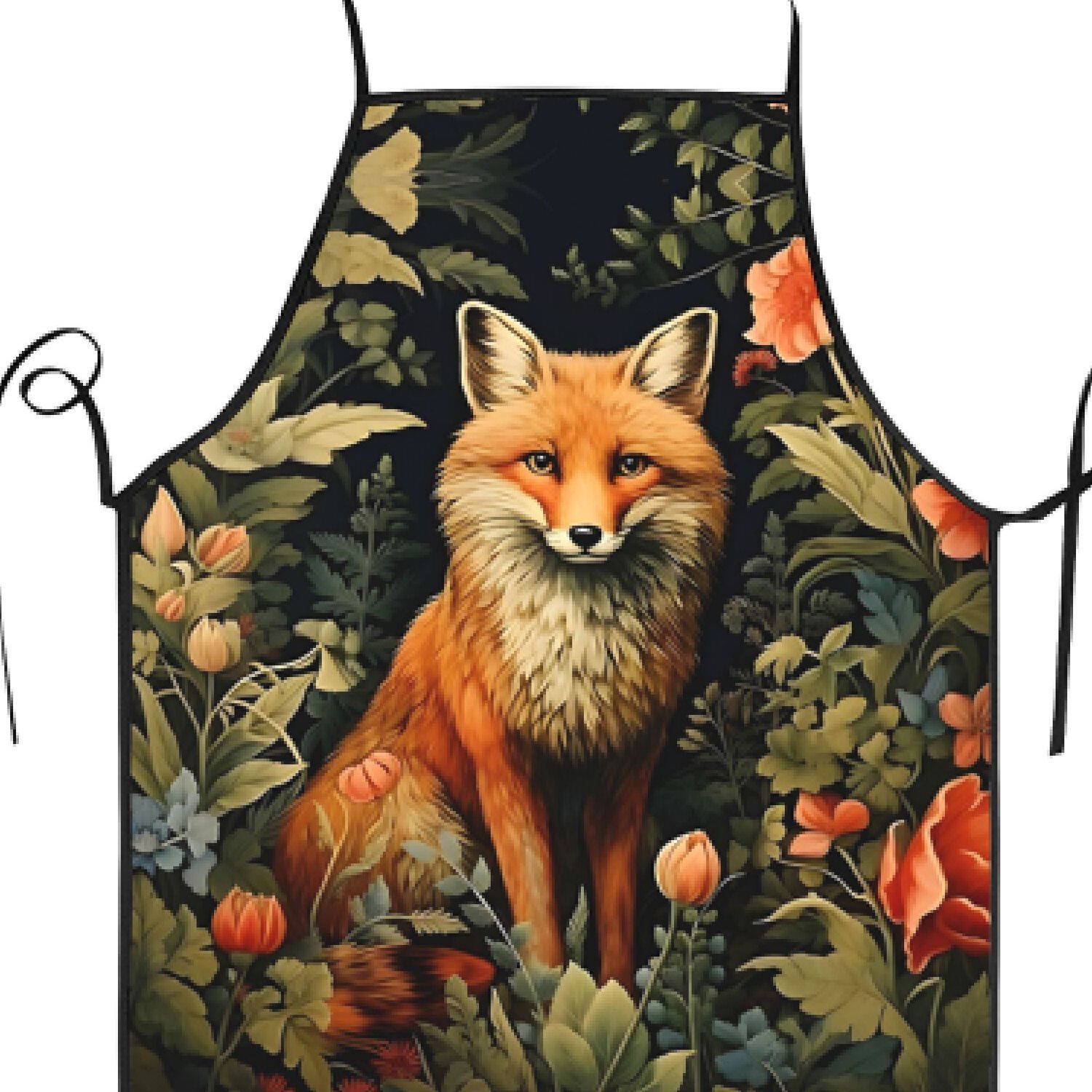 TEMU Vintage Forest Fox Adjustable Cooking Apron - Unisex Kitchen Apron With Foliage & Floral Print, Adjustable Neck & Waist Straps, Durable Fabric