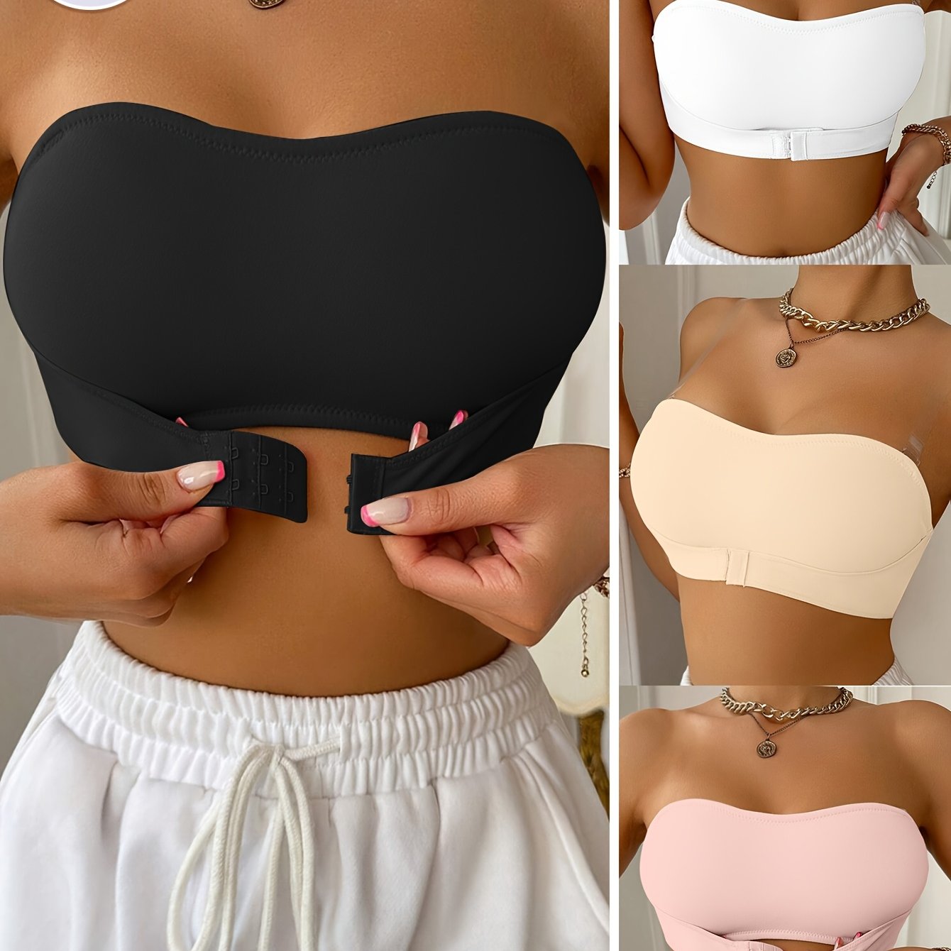 4pcs Removable Breast Pad Underwire Bra Set, Strapless Design, Nylon Material Soft And Breathable, Perfect For Summer Off-shoulder Outfits To Enhance Elegant Temperament