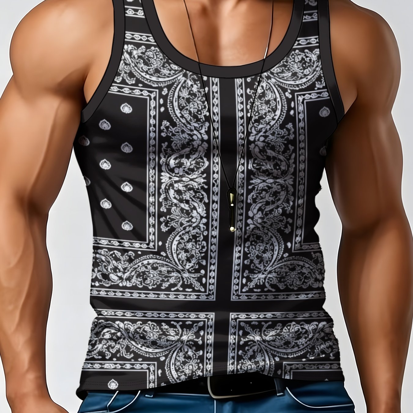 TEMU Men's Fashion Casual Vest With Geometric Print, Round Neck Sleeveless Top, Breathable Summer Wear