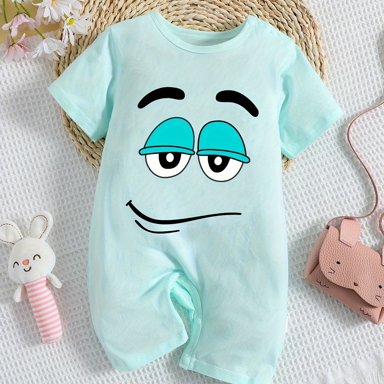 Cute Print Short Sleeve Romper Shorts For Infants, For Outdoor