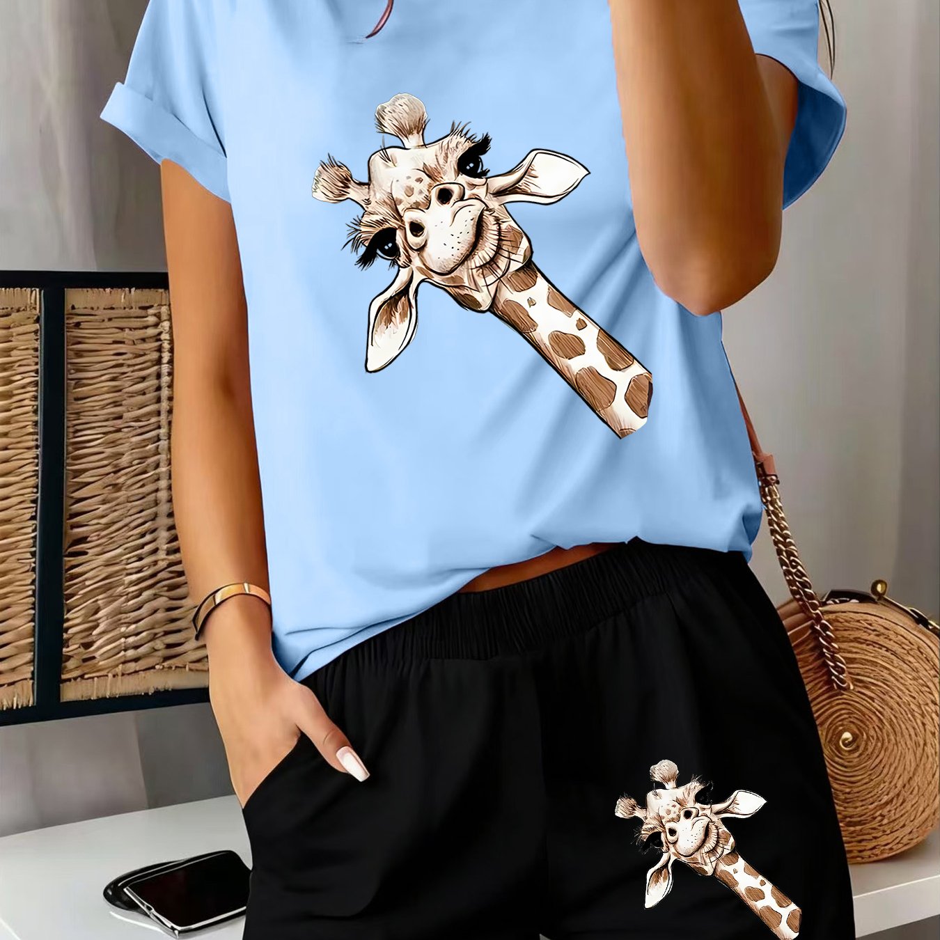 TEMU 2pcs Women's Spring Giraffe Print Pajamas & Sleepwear - Short Sleeve Nightgown With Shorts, Soft Breathable Giraffe Sleepwear Suitable For