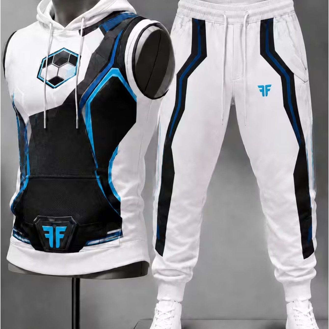 Image of Men' Blue Black Cyber Print Sleeveless Hoodie And Jogger Set, Casual Workout Daily Two-piece Outfits - Men's Gifts Halloween Christmas Daily Camping Fishing Autumn Back To School Outfits