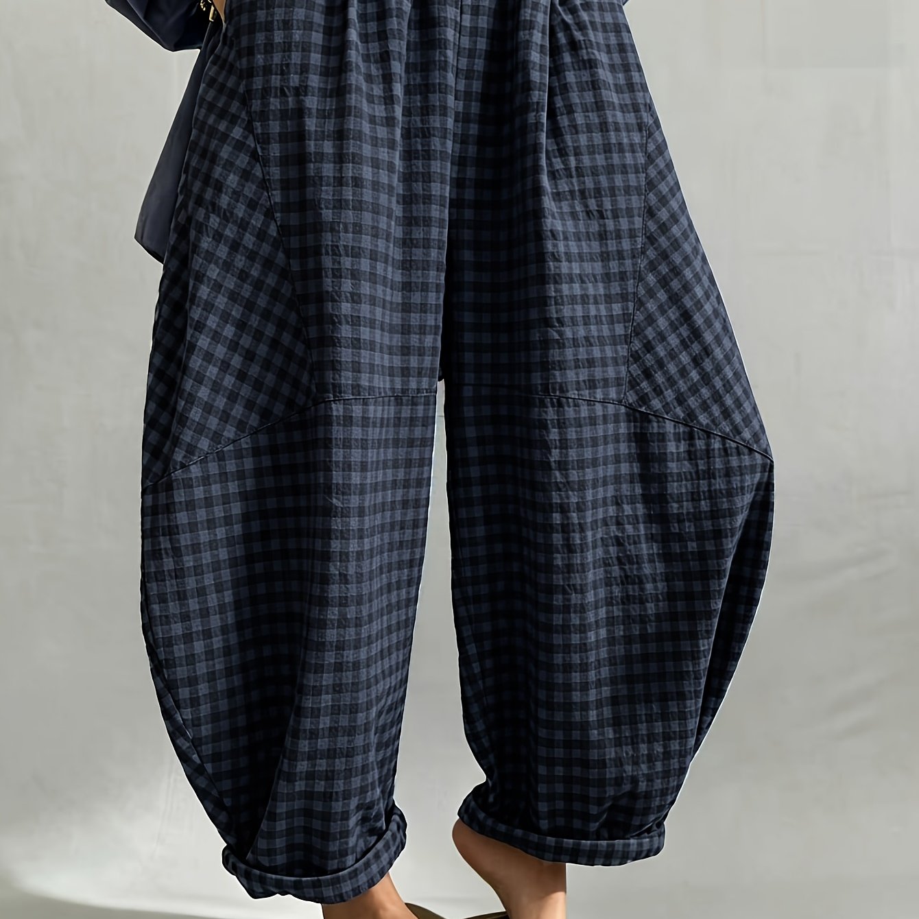 TEMU New Bohemian Retro Plaid Loose Lantern Pants Balloon Trousers Ankle Length, Elastic Waist Design Suitable For All Body Types, Loose Lantern