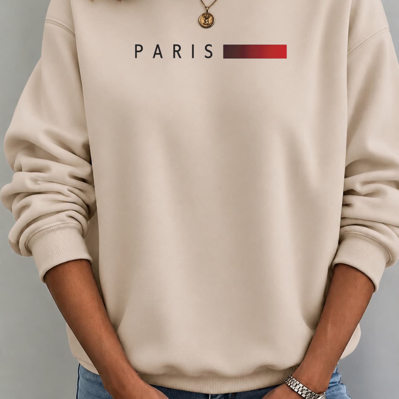 Image of Autumn Winter New Fleece Hoodie For Women - Loose Fit Casual Crew Neck Sweatshirt With Paris Print And Red Rectangle, Comfortable And Breathable For Daily Wear Or, Pullover Top