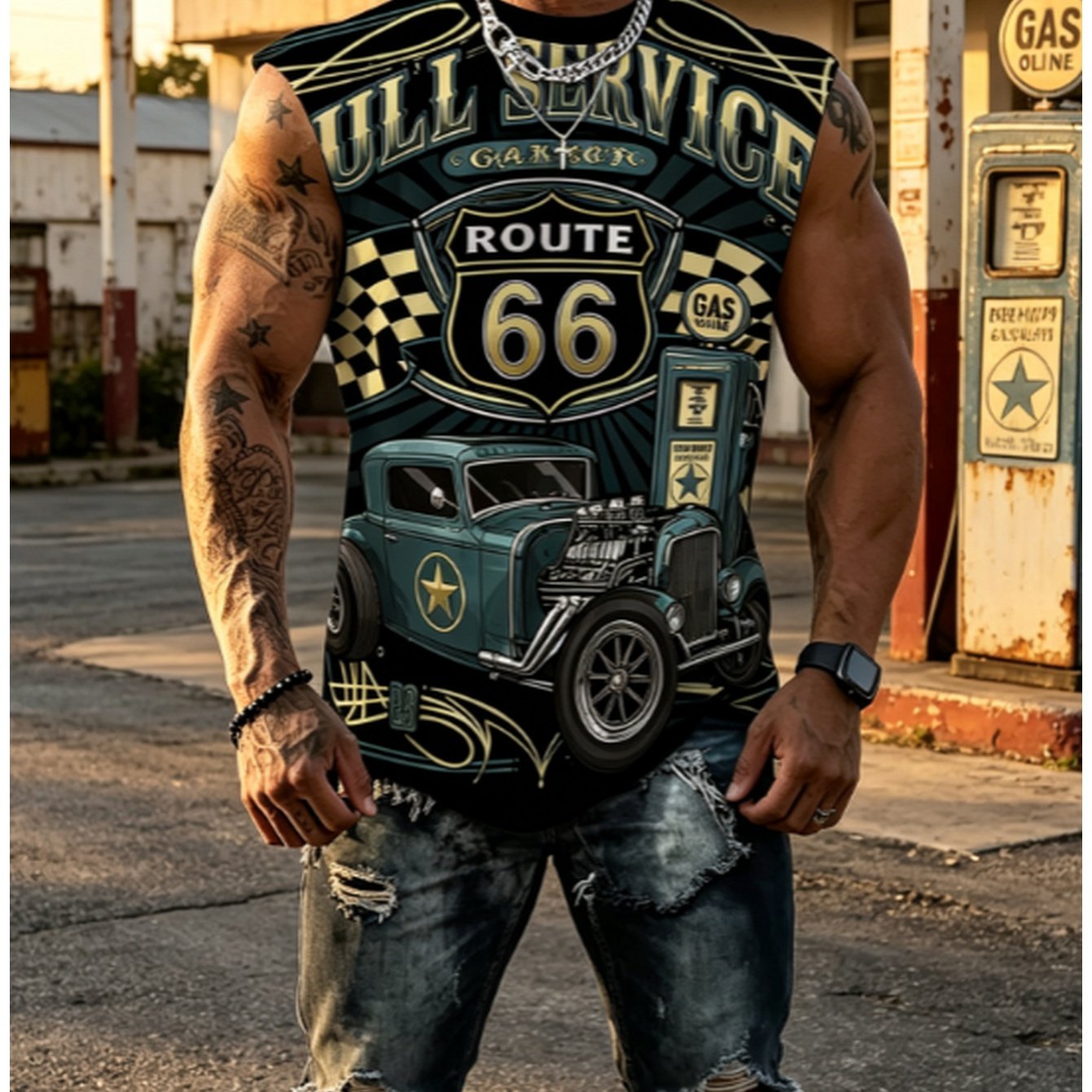 TEMU Printed Design - Not Textured, Men's Sleeveless Tank Top, Vintage Car Graphic Print, Casual Sport Fitness Base Layer, Trendy Loose Fit Outerwear