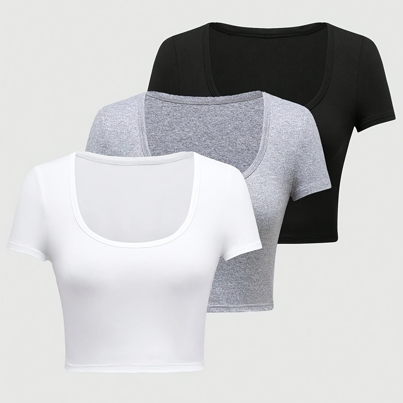 TEMU 3pcs Solid Color Round Neck Short Sleeve T-shirts, Summer Casual Sport Cropped Tops