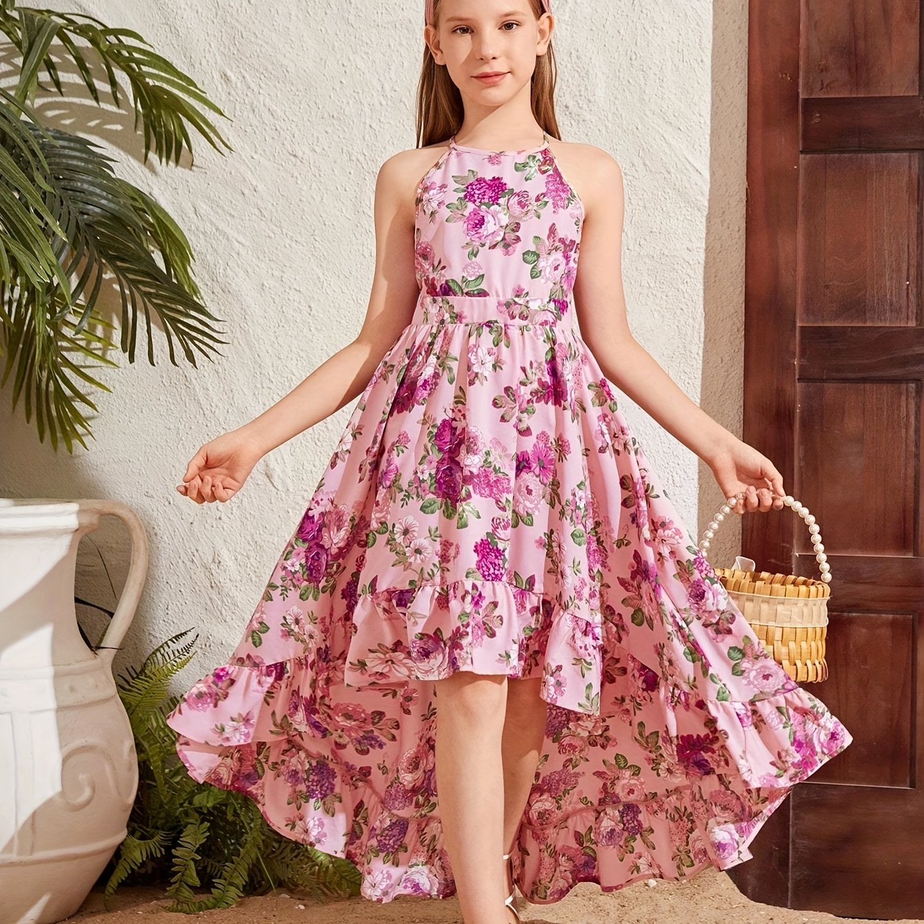 Tween Girl Back-tie Sleeveless Floral Print Dress For Resort Vacation
