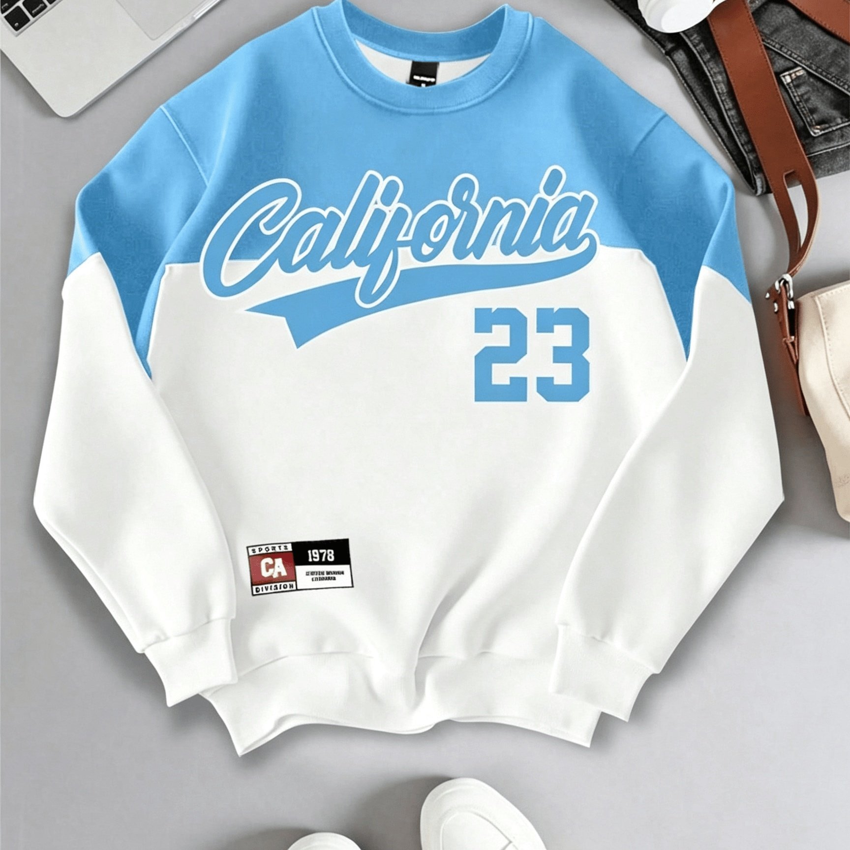 TEMU California 23 Color Block Hoodie - Vintage Streetwear Sweatshirt With Print, Loose Fit Full-zone Design Suitable For Casual Wear & Layering,
