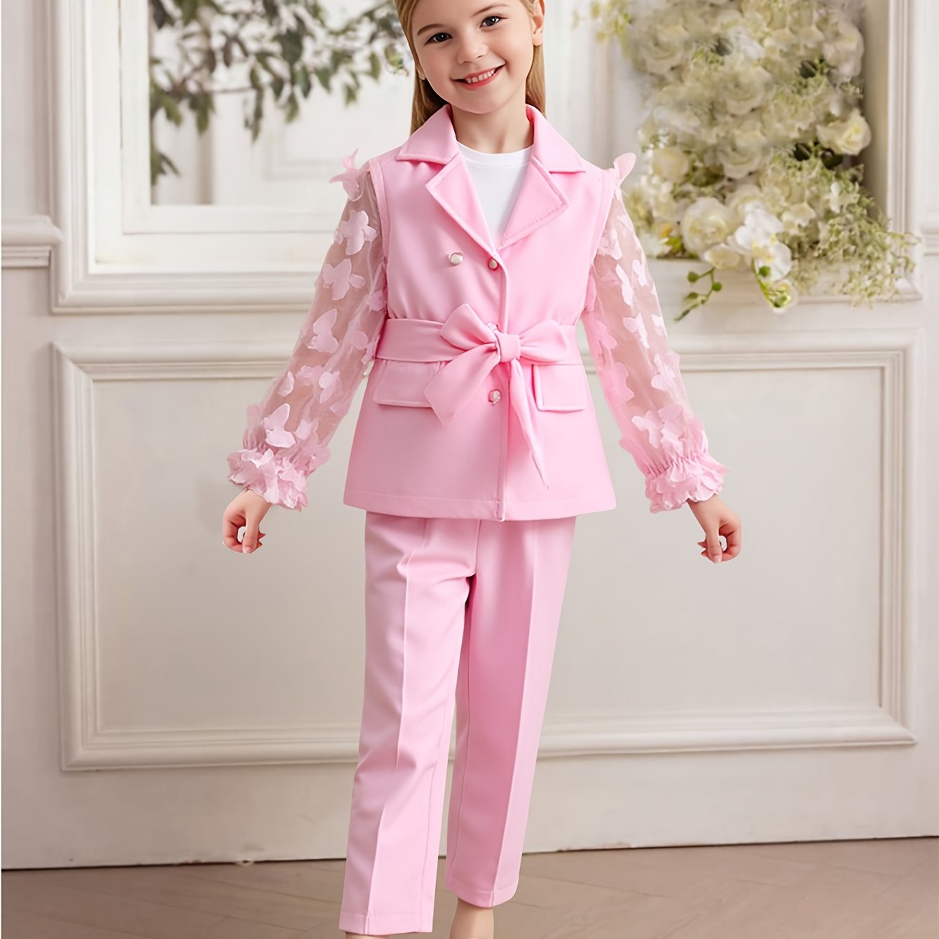 2pcs Girls' Sweet Three-dimensional Lapel Long-sleeve Blazer + Solid Color Pants Set, Perfect For Outdoor