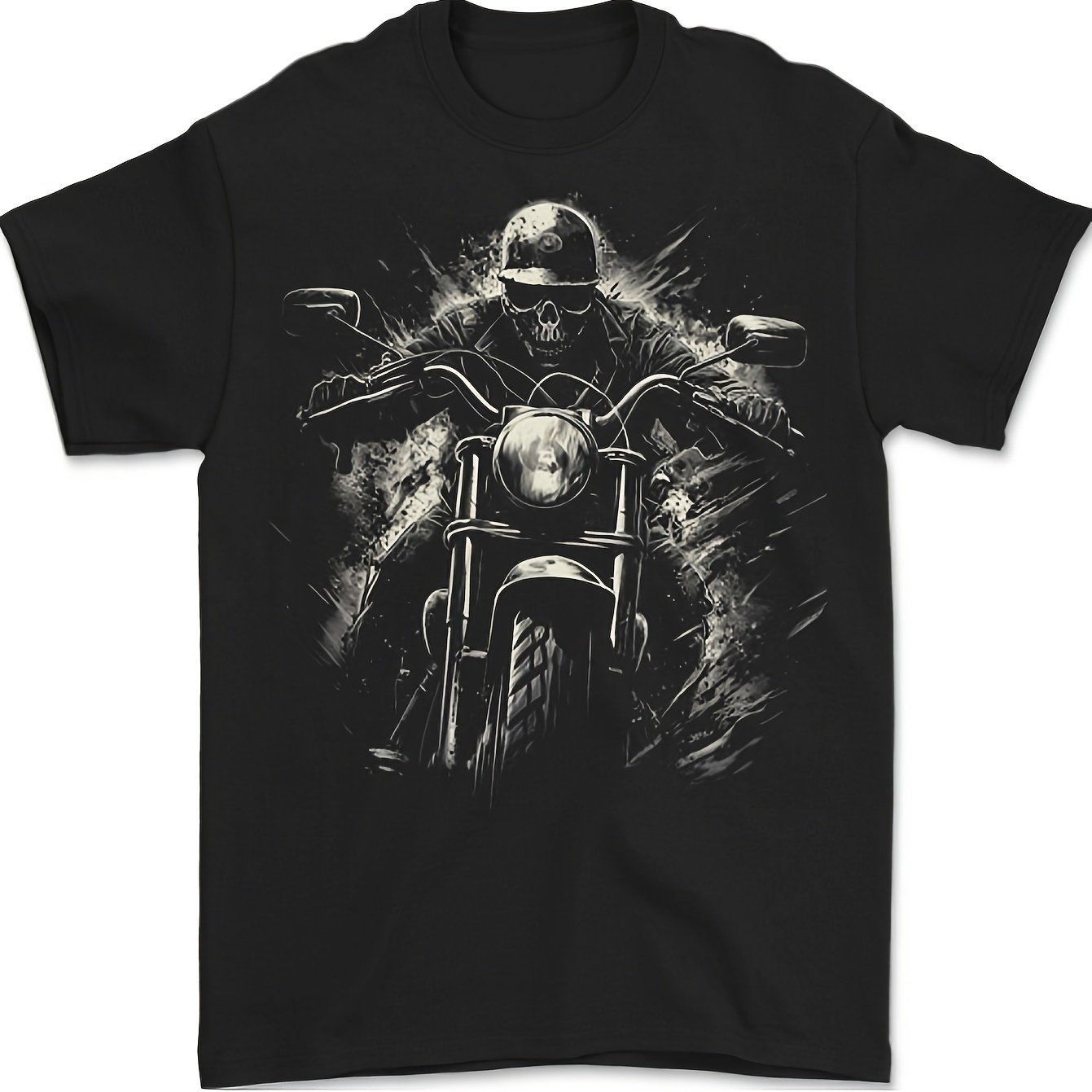 Men's Gothic Motorcycle Reaper Graphic Tee - Black Biker Shirt Featuring Skull And Motorbike Design, Round Neck Casual And Themed Event Top For Men, With Edgy Gothic Style, Plus Size
