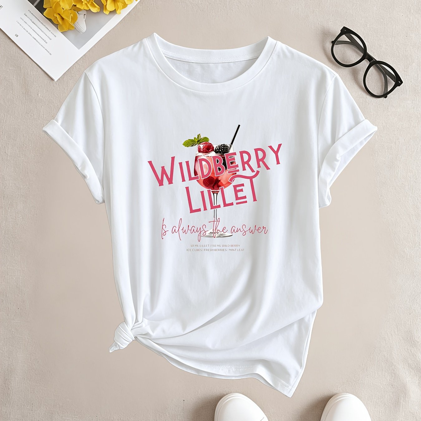 TEMU Women's Liqueur Themed T-shirt - Short Sleeve Crew Neck Casual Blouse Top With Suitable For , Machine Washable -line Regular Fit Non- Shirt For