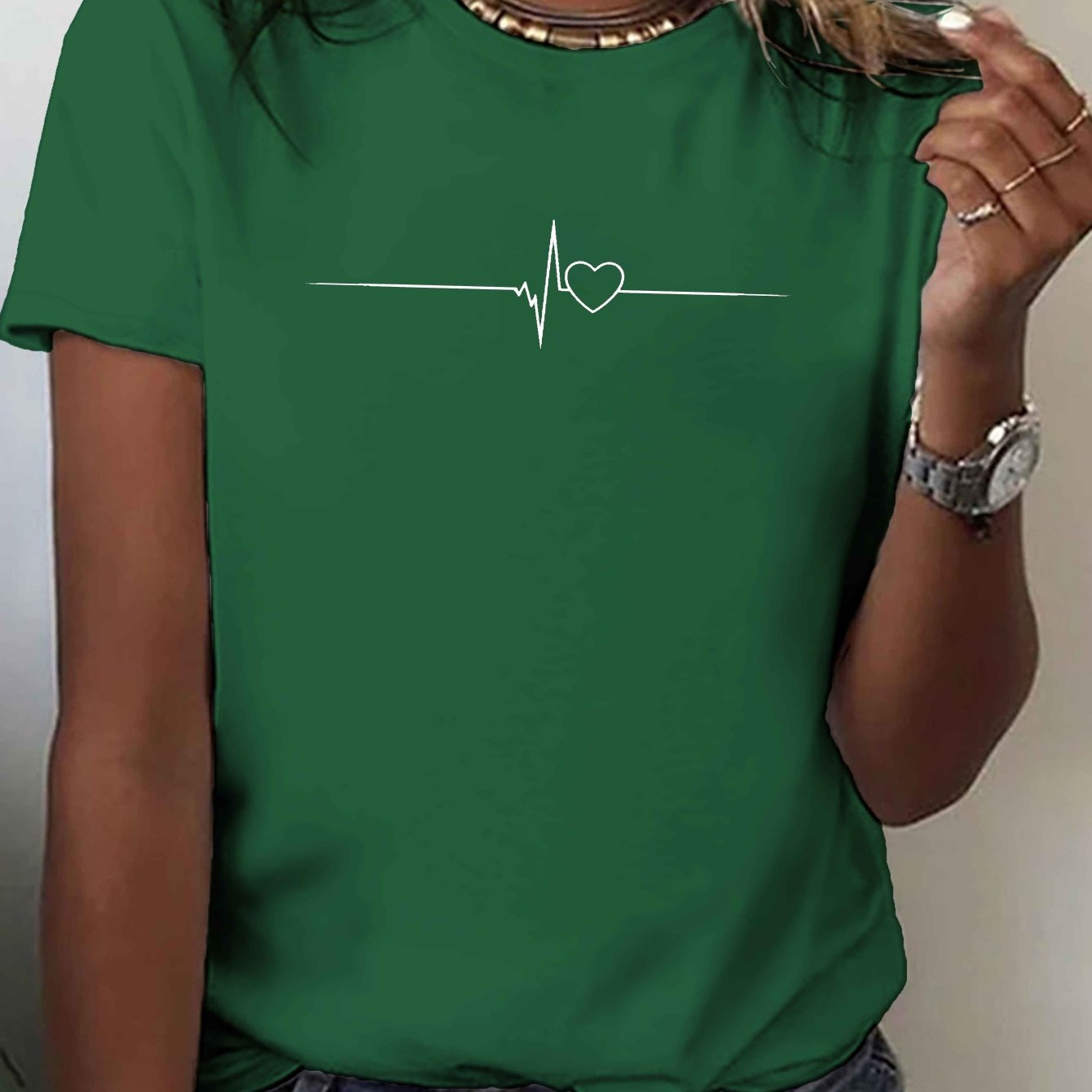 TEMU White Electrocardiogram T-shirt, Short Sleeve Crew Neck Casual Top For Summer & Spring, Women's Clothing