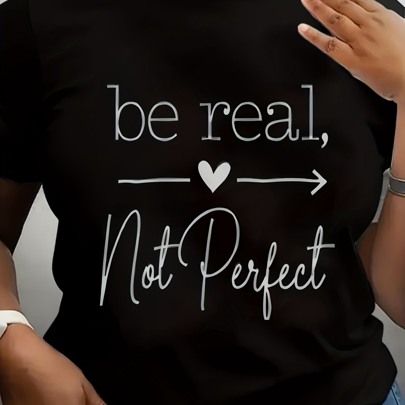 TEMU Women's Plus Size Motivational T-shirt - Short Sleeve Round Neck With Applique Quote Print, Stretch Fabric Suitable For Casual Wear, Lounge,