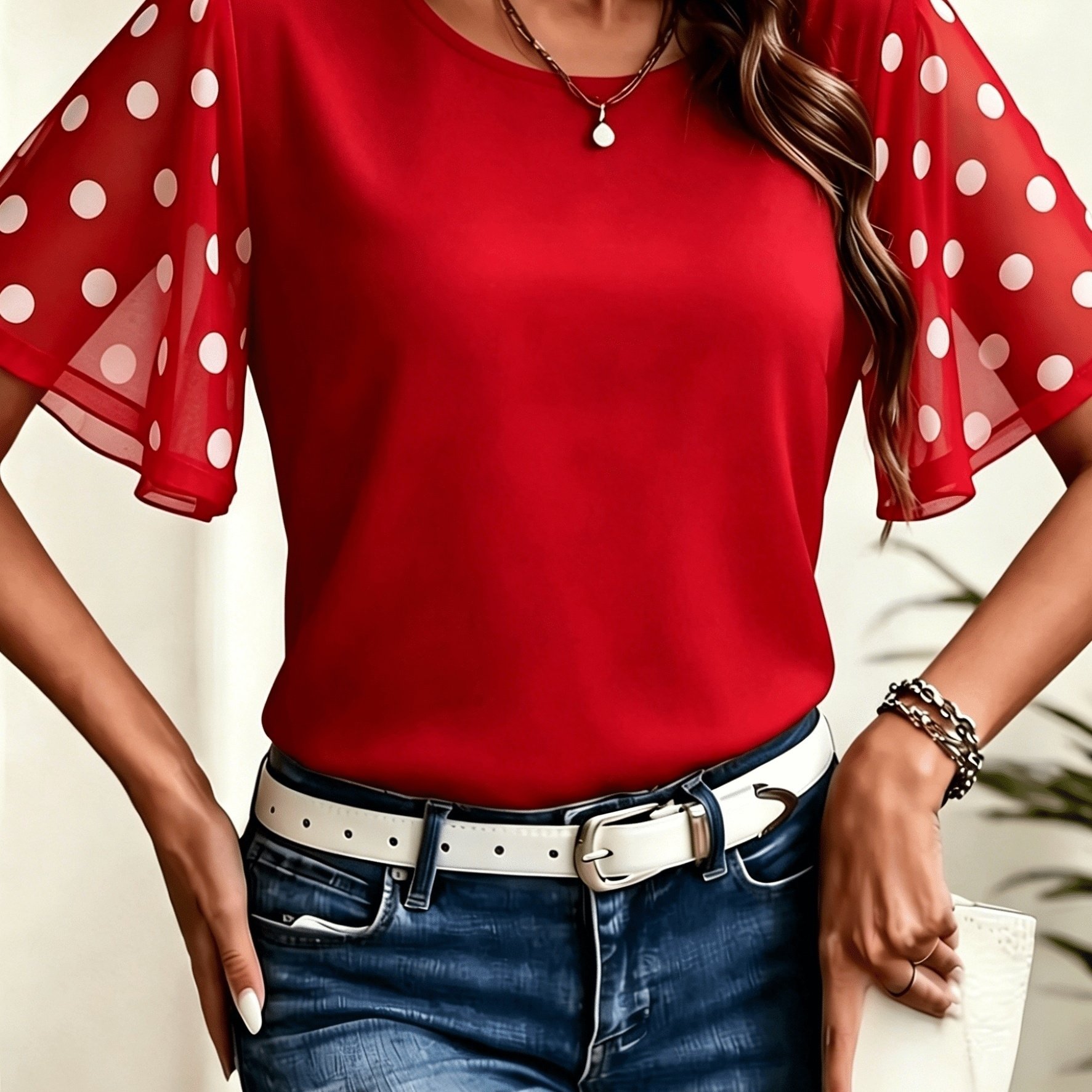 TEMU Elegant Black Polka Dot Chiffon Top, Stylish Round Neck Short-sleeved Shirt, Chiffon Polka Dot Print Spliced Top, Beautiful Women's Shirt,