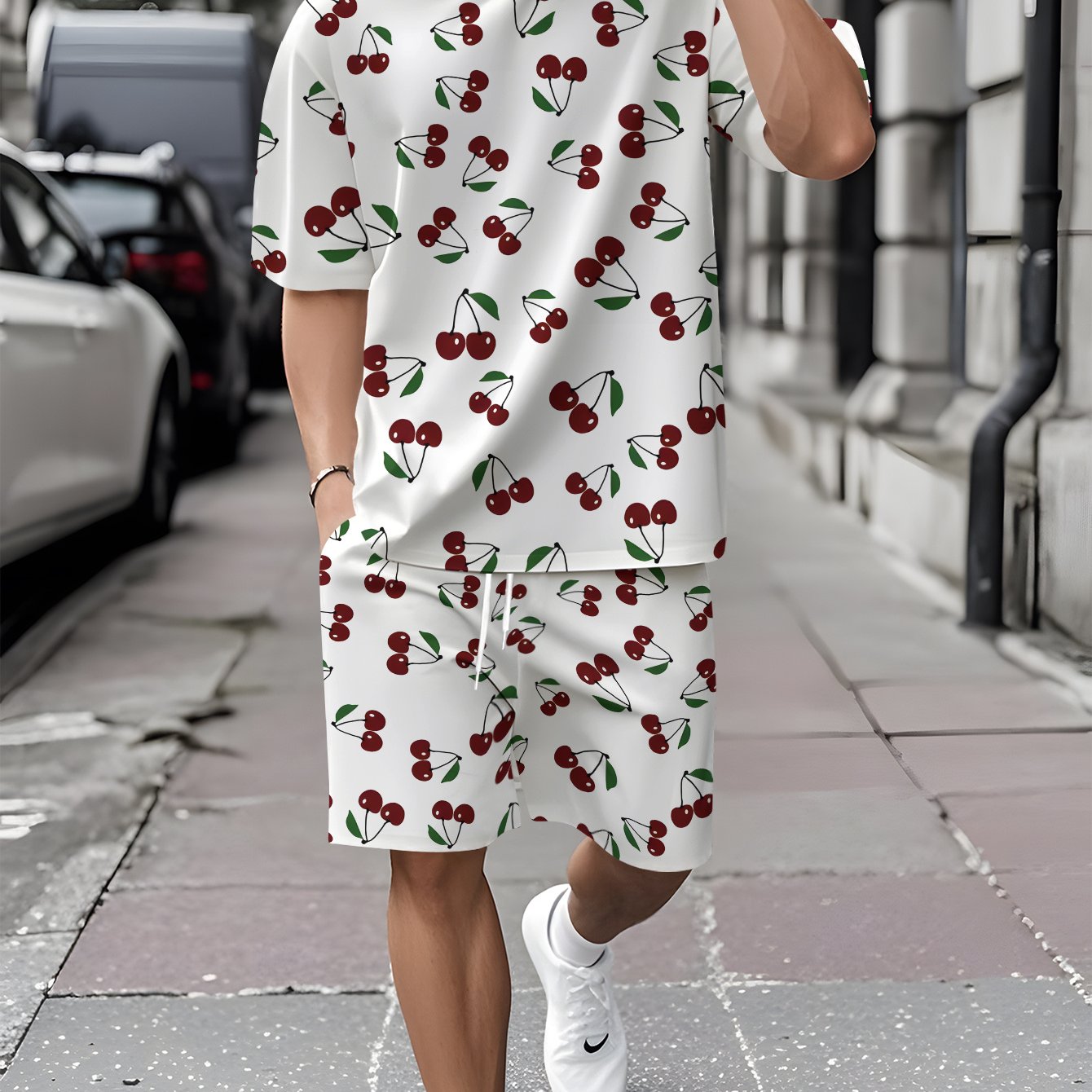 TEMU Men's Casual Suit, White Background Print, Regular Pattern, Knitted Fabric, Refreshing Short Sleeved 5 Quarter Pants Set