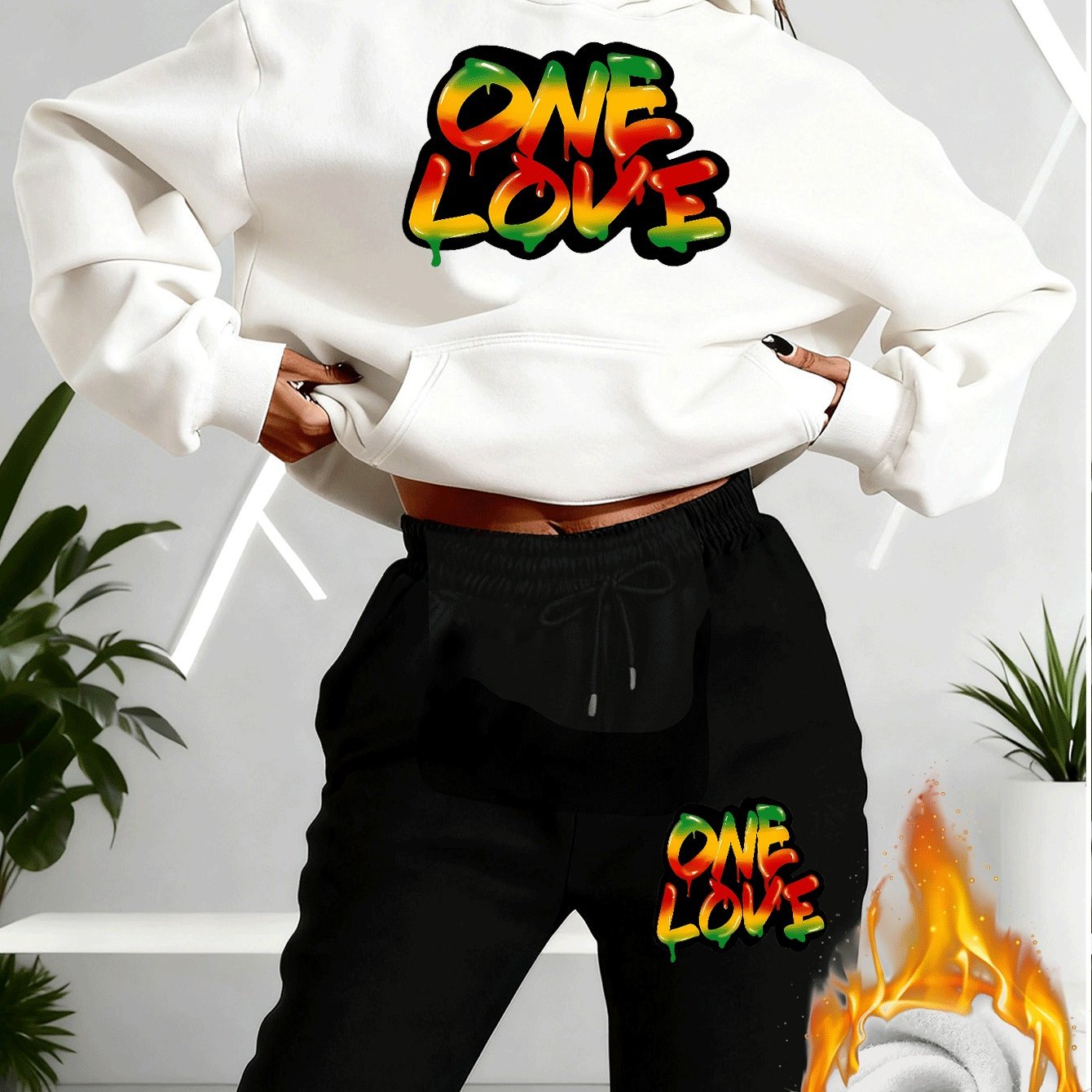 TEMU Reggae Women's Casual Swear Set, Hooded Sweatshirt And Long Pants Two-piece, Front Print Design