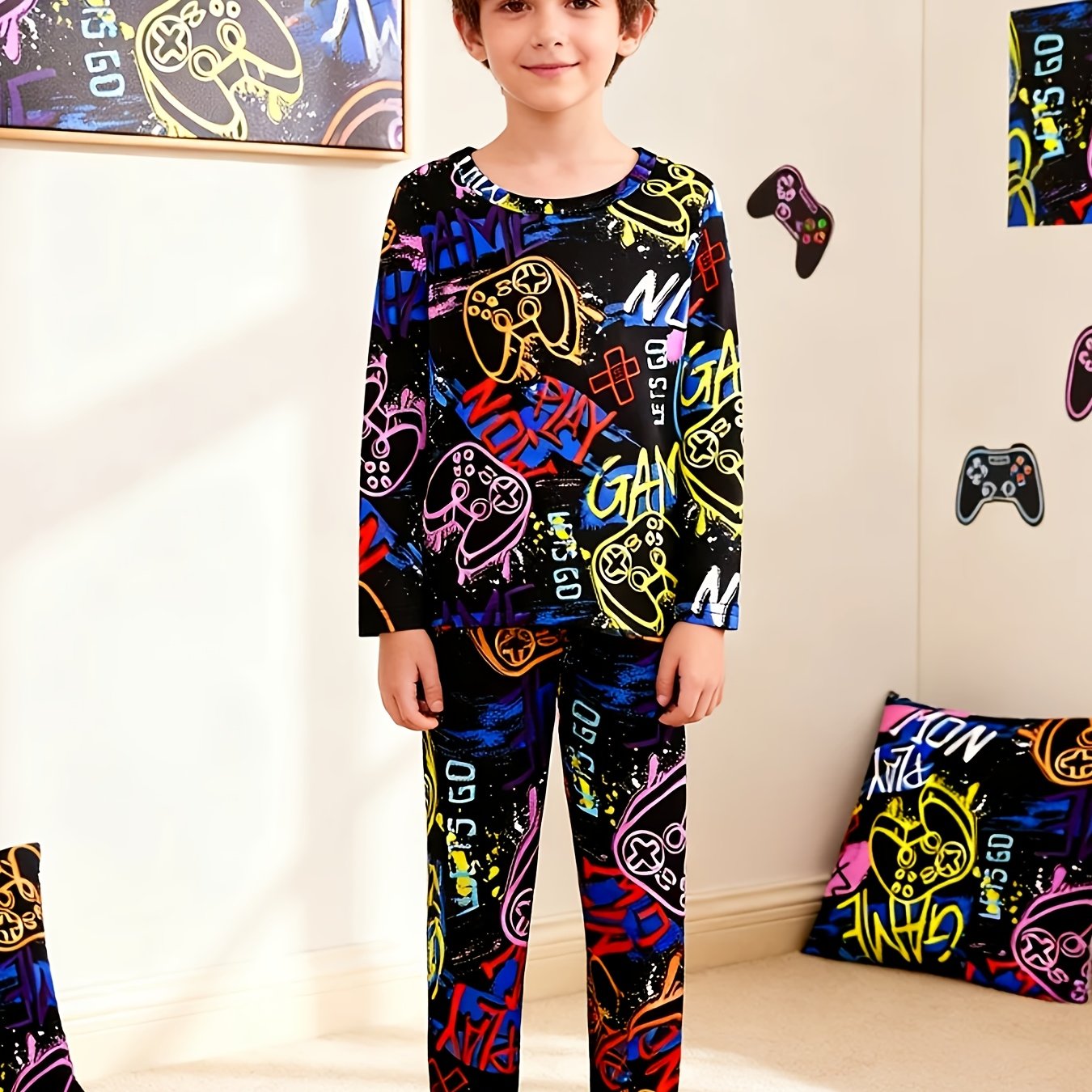 Image of Boys 1 Set Gaming Controller Pattern Floral Clear Beautiful Made Of Flame-retardant Fabric Skin-friendly Close-fitting Wear Set As A Gift To Children